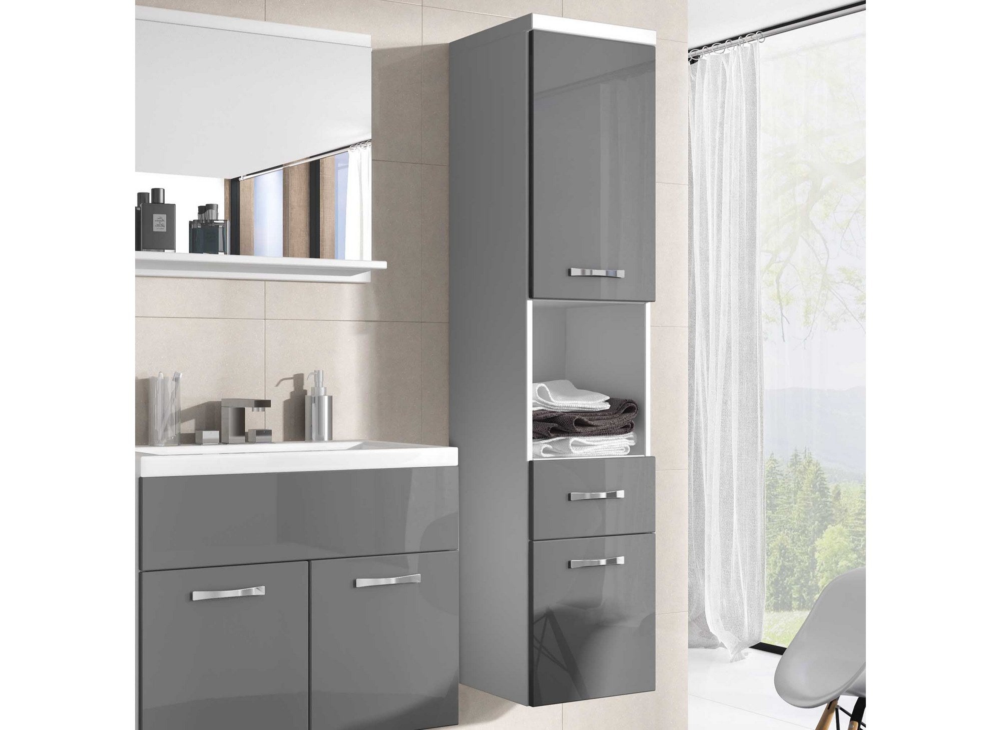 Ensemble meubles salle de bain suspendu - Blanc et gris SHELBY