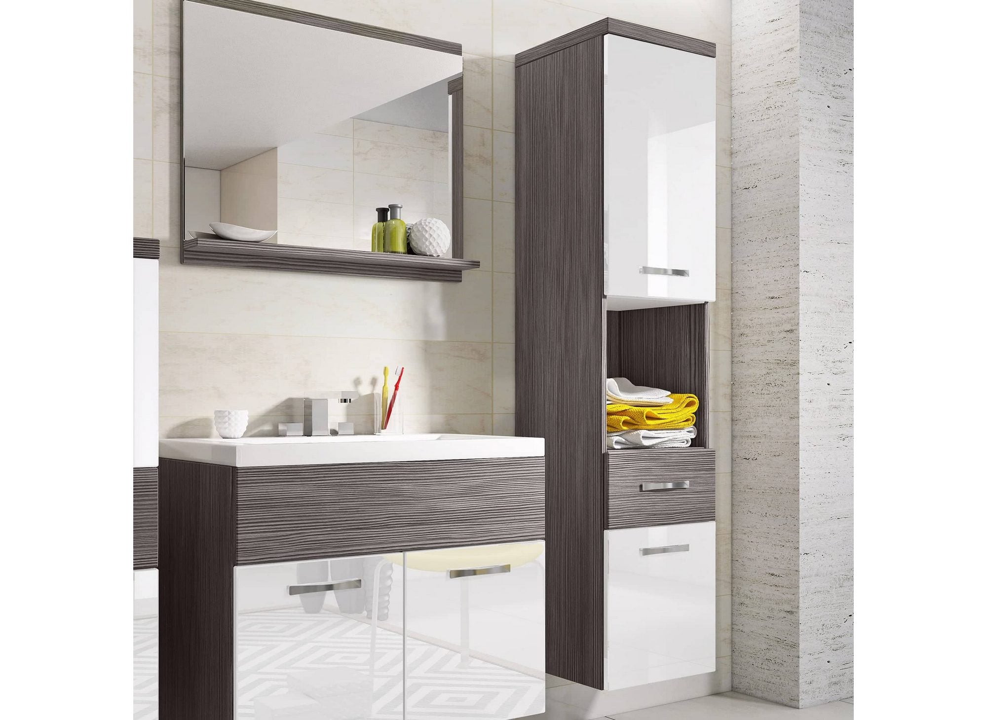 Ensemble meubles salle de bain suspendu - Gris foncé et blanc SHELBY