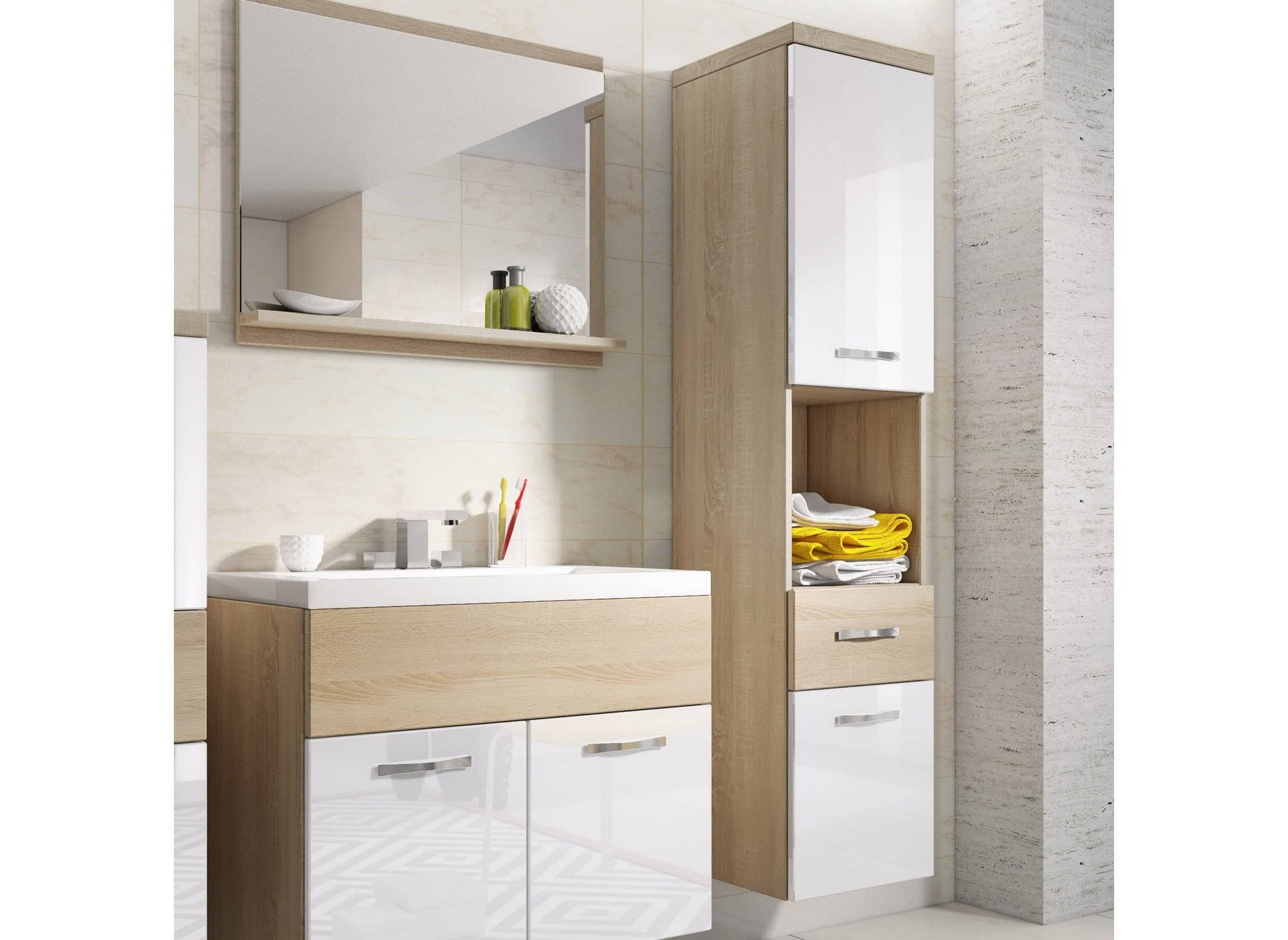 Ensemble meubles salle de bain suspendu - Bois et blanc SHELBY