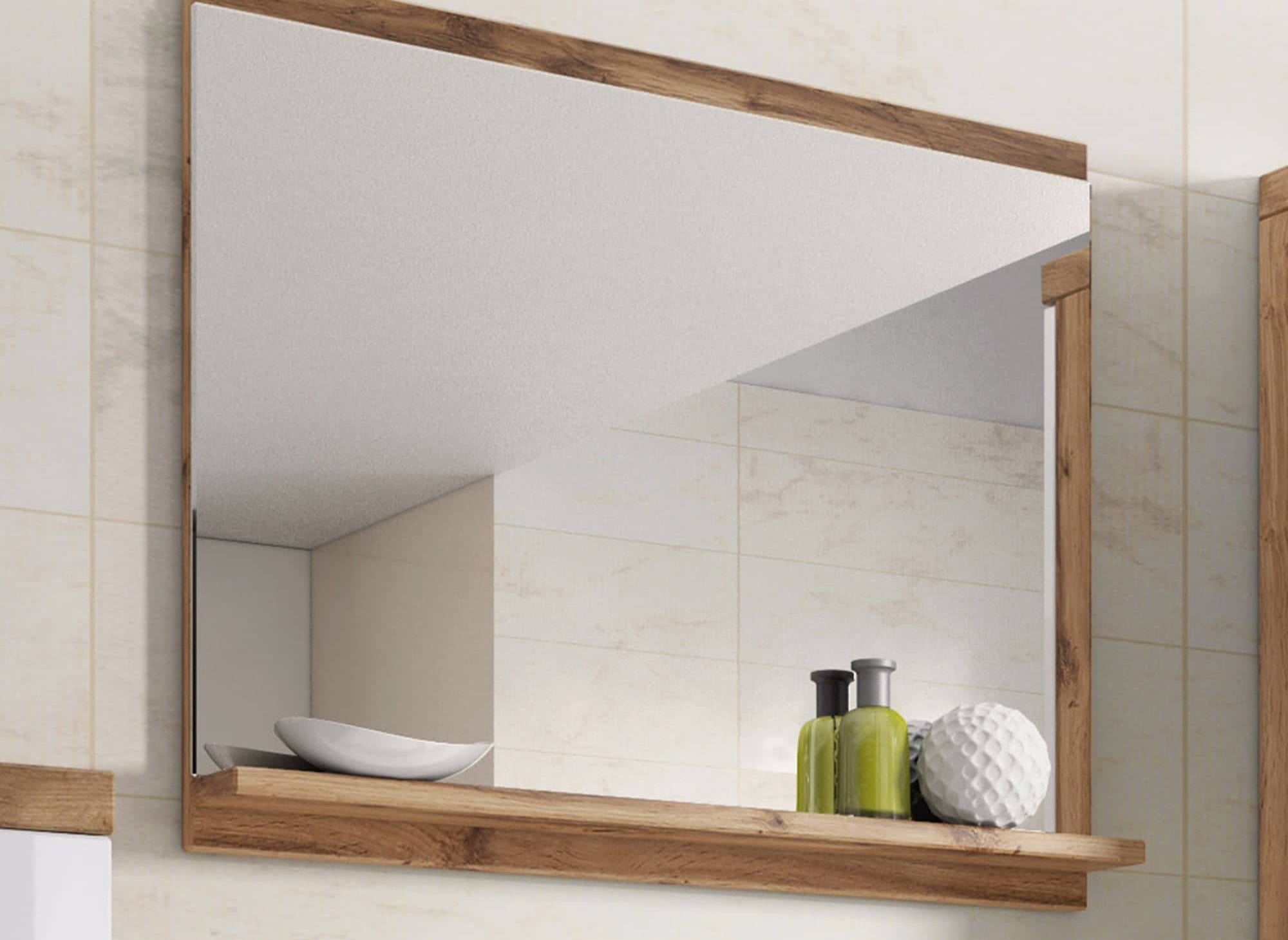 Ensemble meubles salle de bain suspendu - Bois effet vieilli et blanc SHELBY