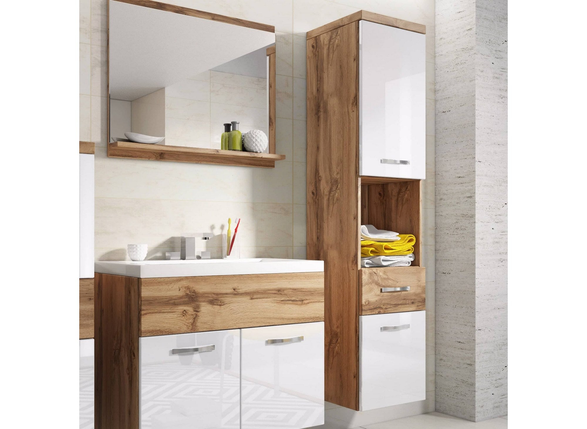 Ensemble meubles salle de bain suspendu - Bois effet vieilli et blanc SHELBY