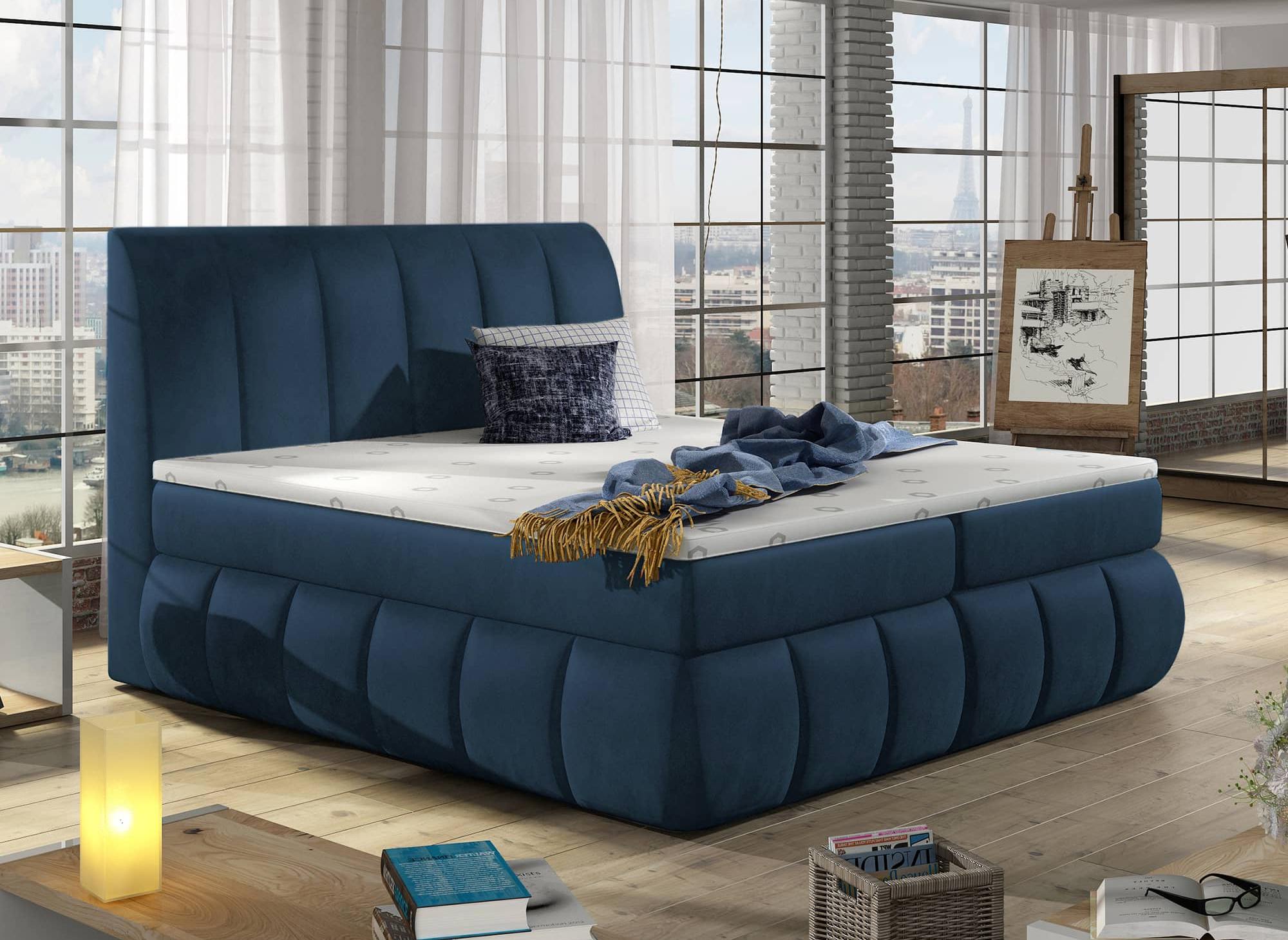 Lit boxspring 180x200 avec coffre de rangement en velours bleu foncé - VALERIA