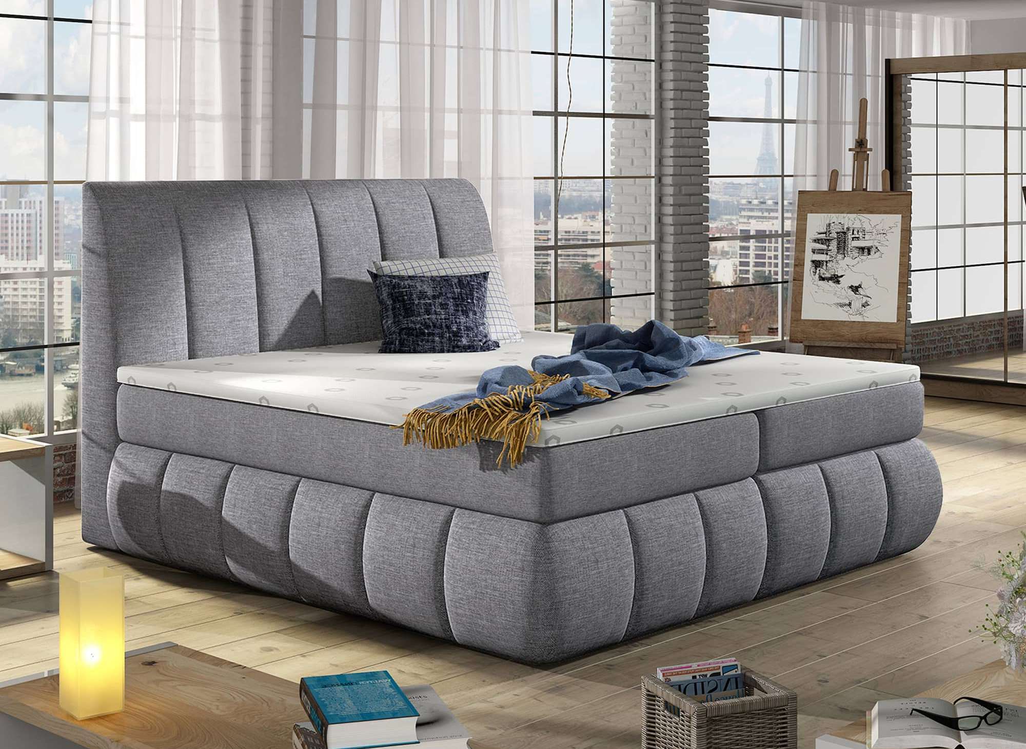 Lit boxspring 180x200 avec coffre de rangement en tissu gris - VALERIA
