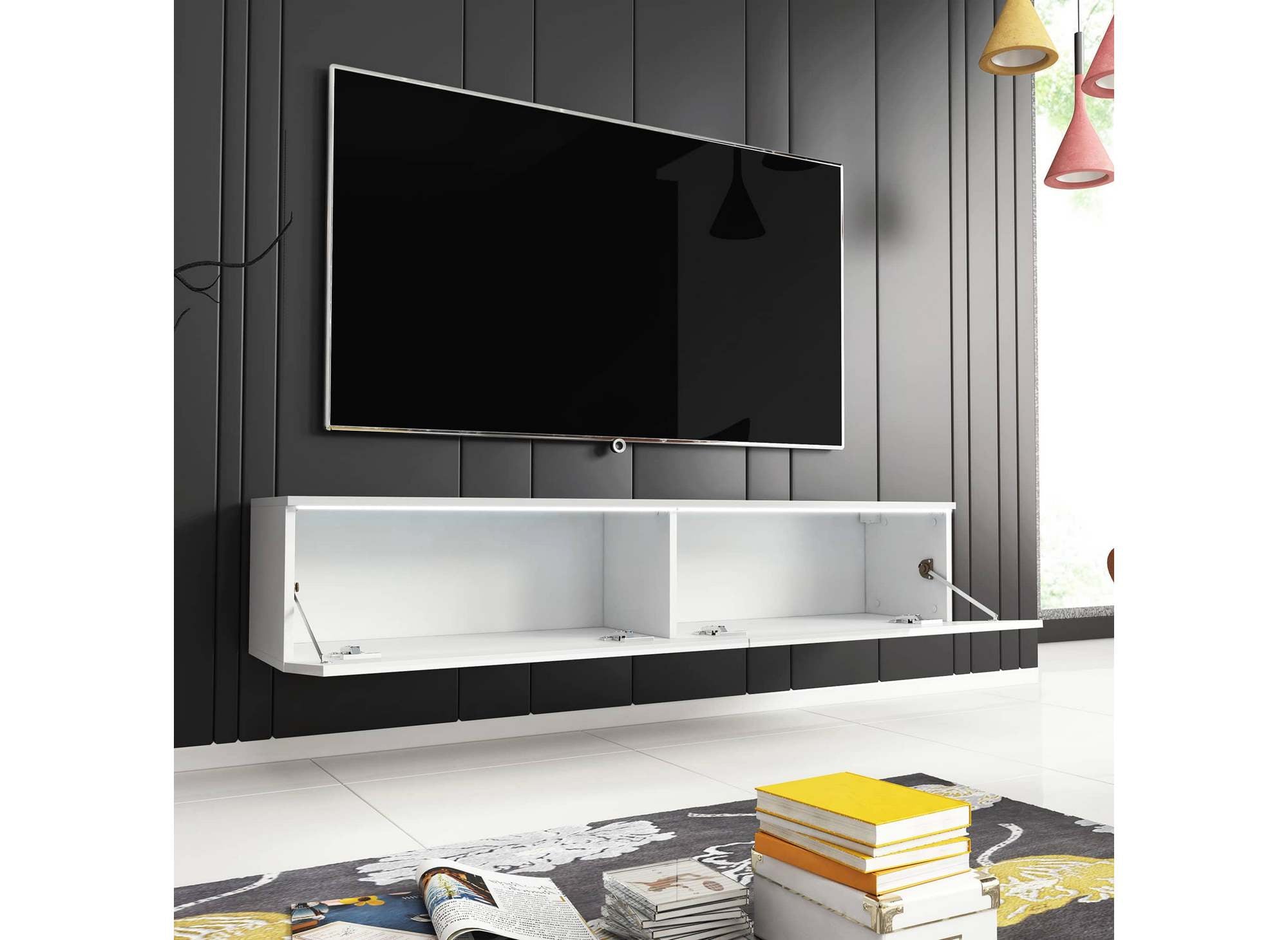Meuble TV contemporain laqué blanc avec LED 2 portes MALORIE - 180 cm