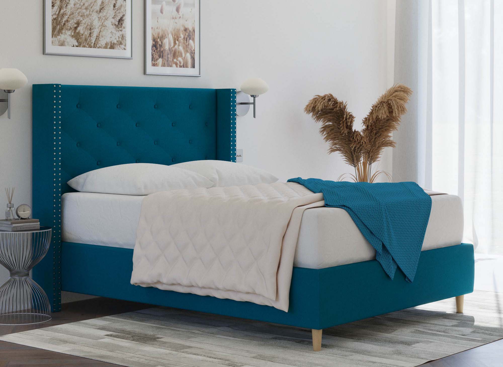 Lit double en tissu capitonné bleu MARGOT 180x200 cm