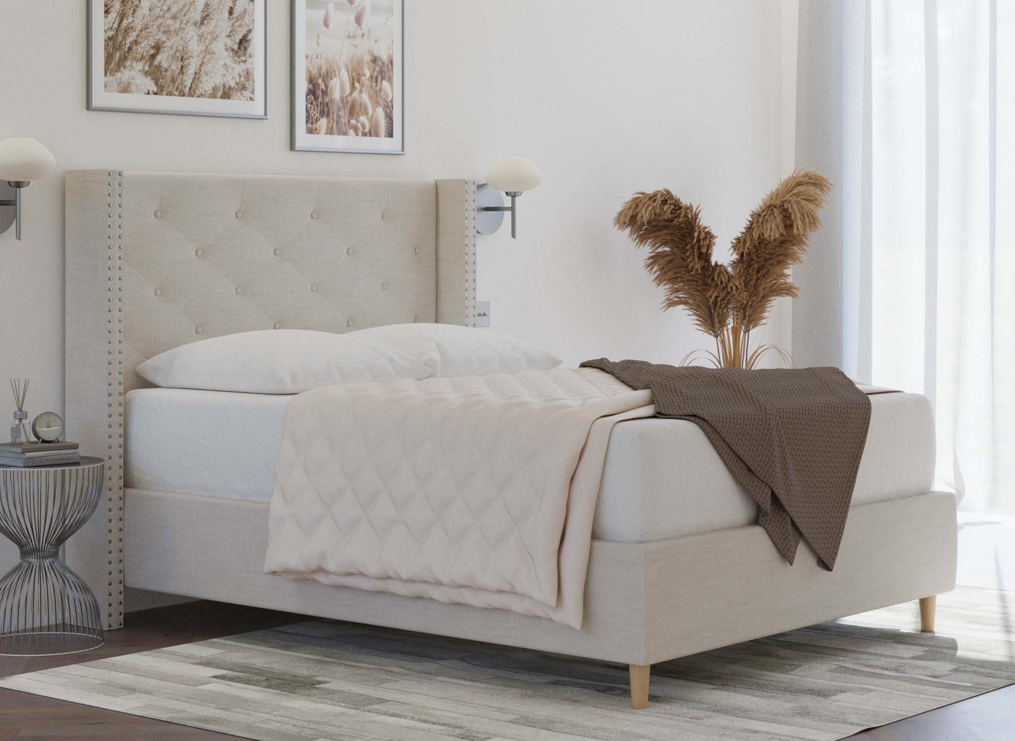 Lit double en tissu capitonné beige MARGOT 160x200 cm