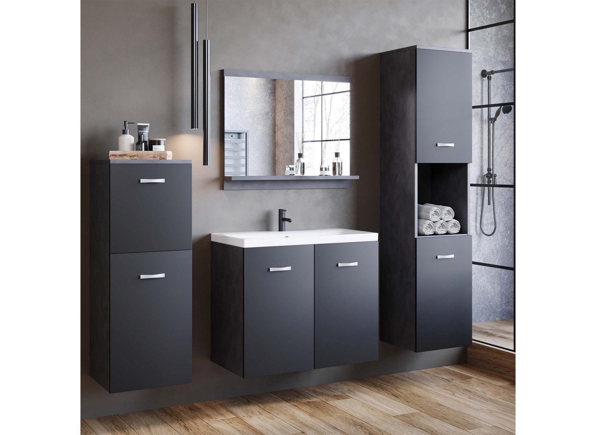 Ensemble meubles salle de bain design suspendu - Gris anthracite et noir ALBY