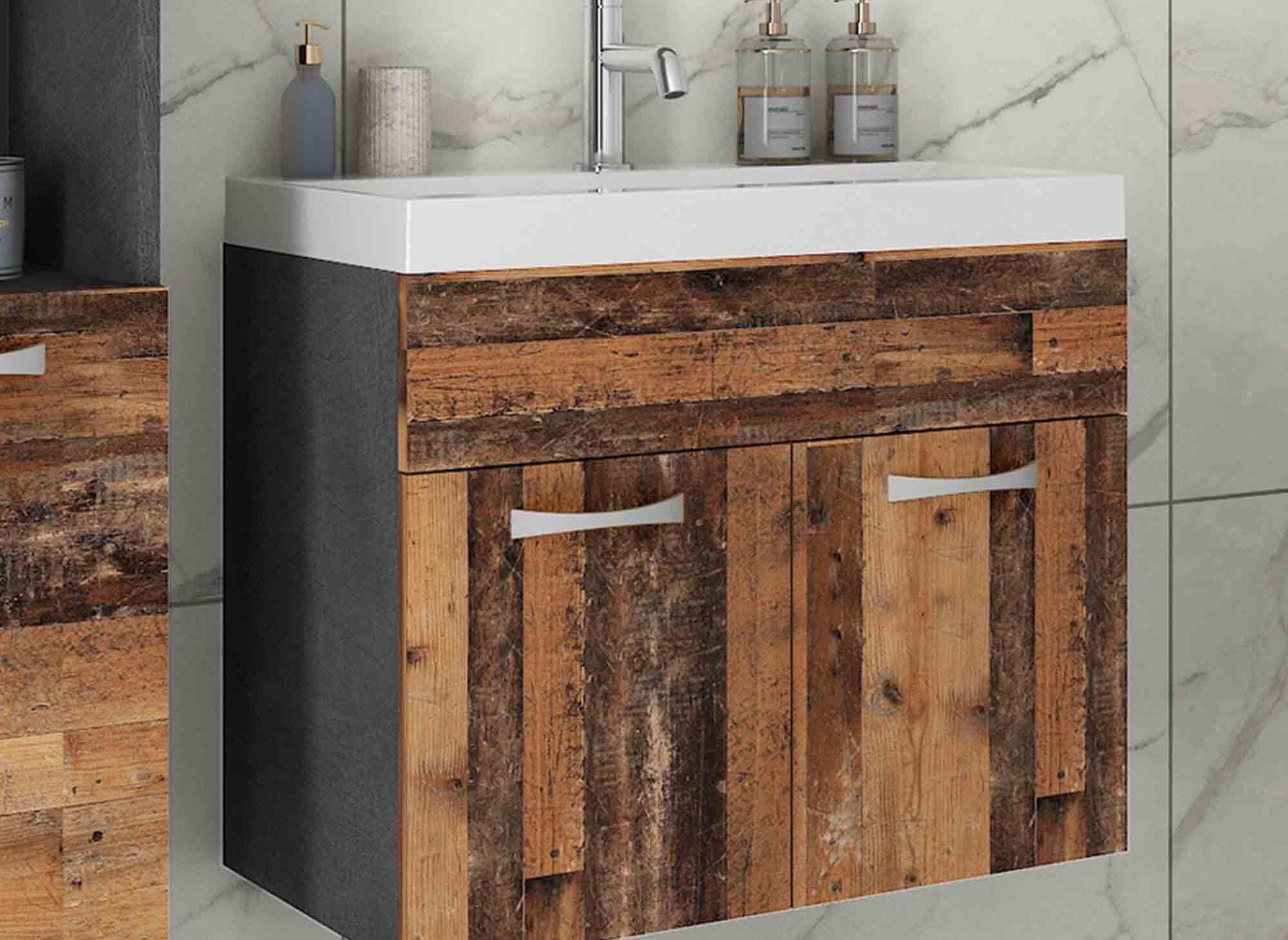 Ensemble meubles salle de bain design suspendu - Gris foncé et chêne vieilli HARMONY