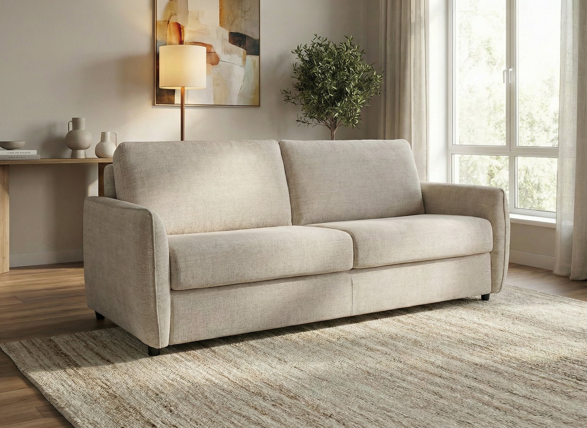 Canapé convertible express 3 places en velours texturé beige CHIARA