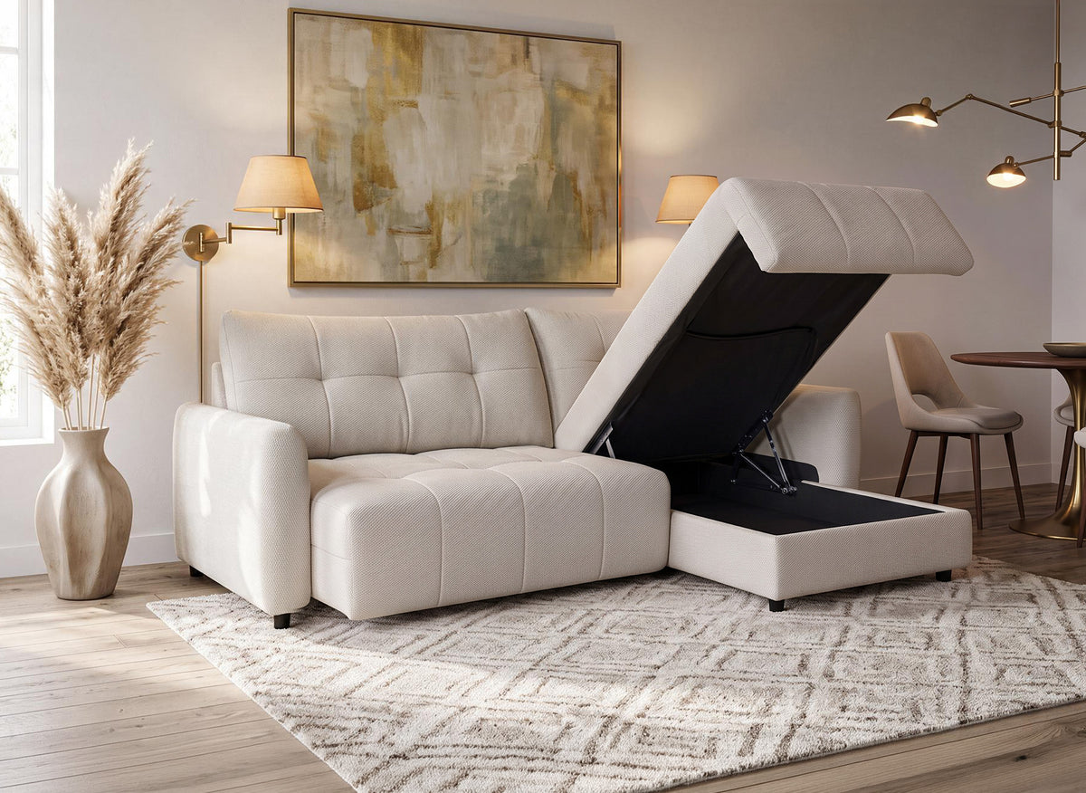 Canapé d'angle relax réversible avec coffre en tissu texturé beige KALINKA