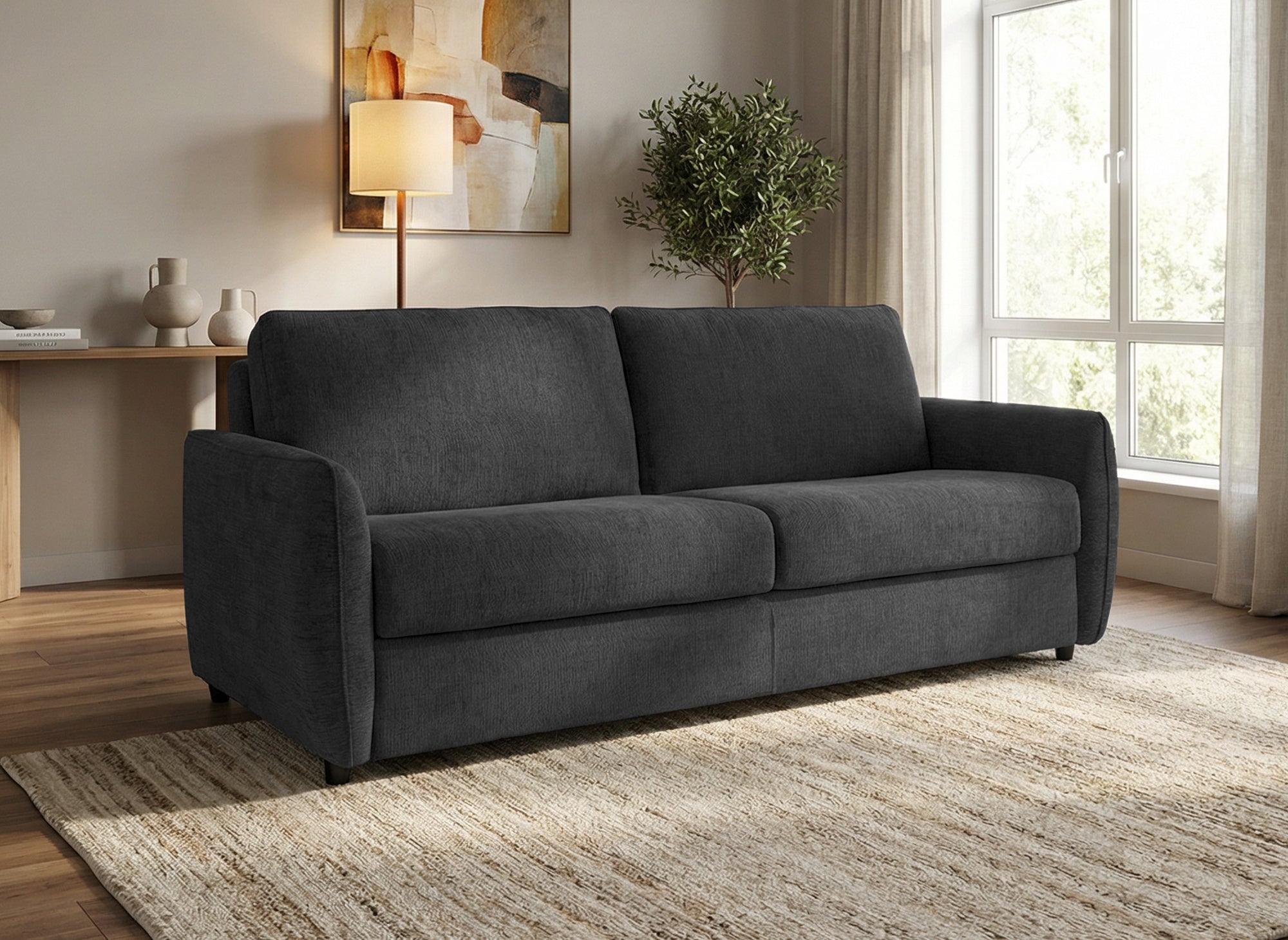 Canapé convertible express 3 places en velours texturé gris foncé CHIARA