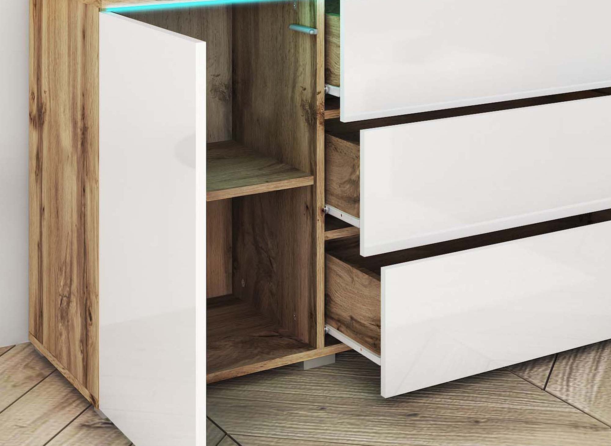 Buffet commode 2 portes 3 tiroirs chêne et blanc avec LED - ALEXIA