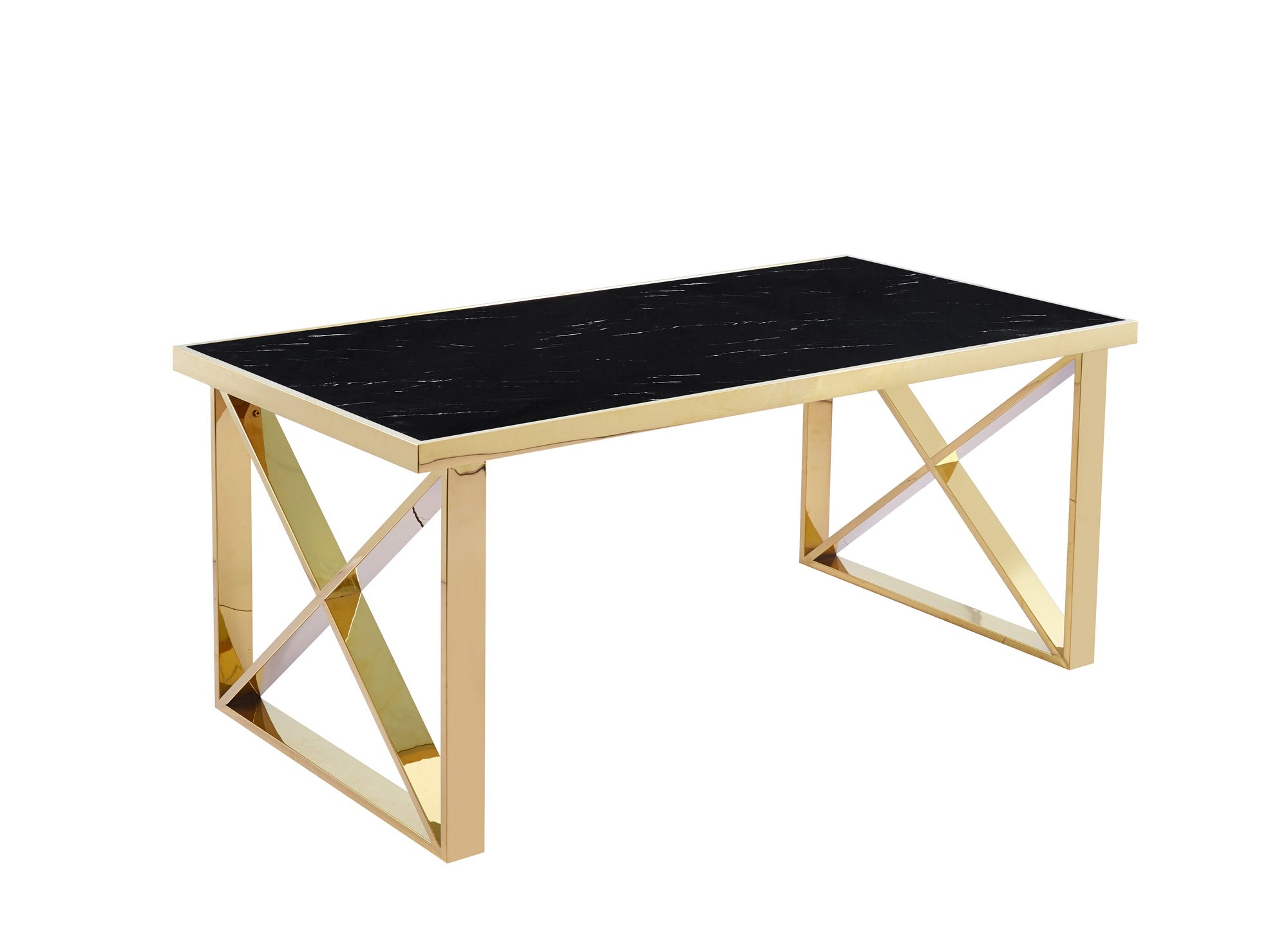 Table à manger en verre noir effet marbre pieds dorés ISORE