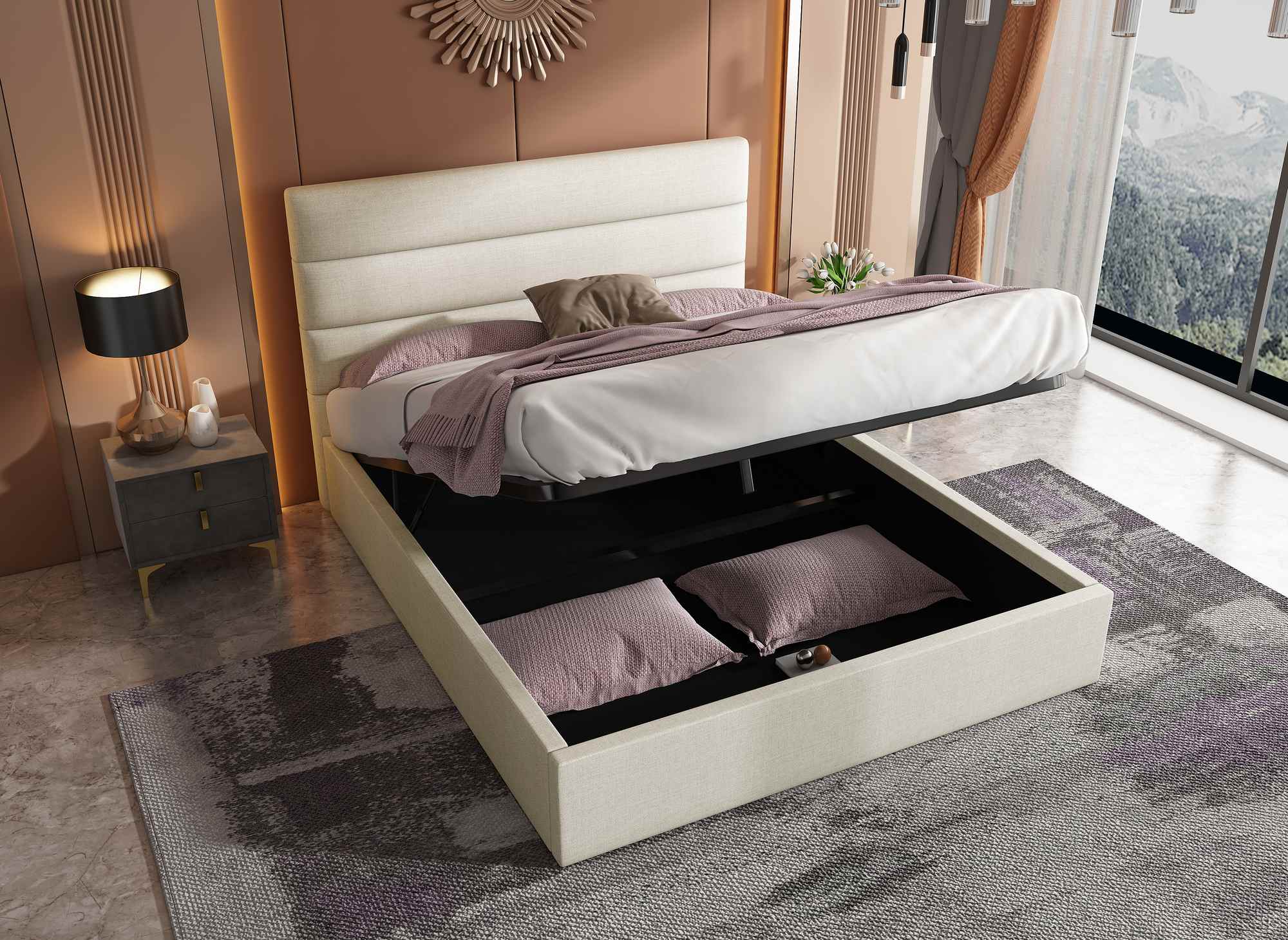 Lit coffre en tissu lin beige 160 x 200 cm SHANNA