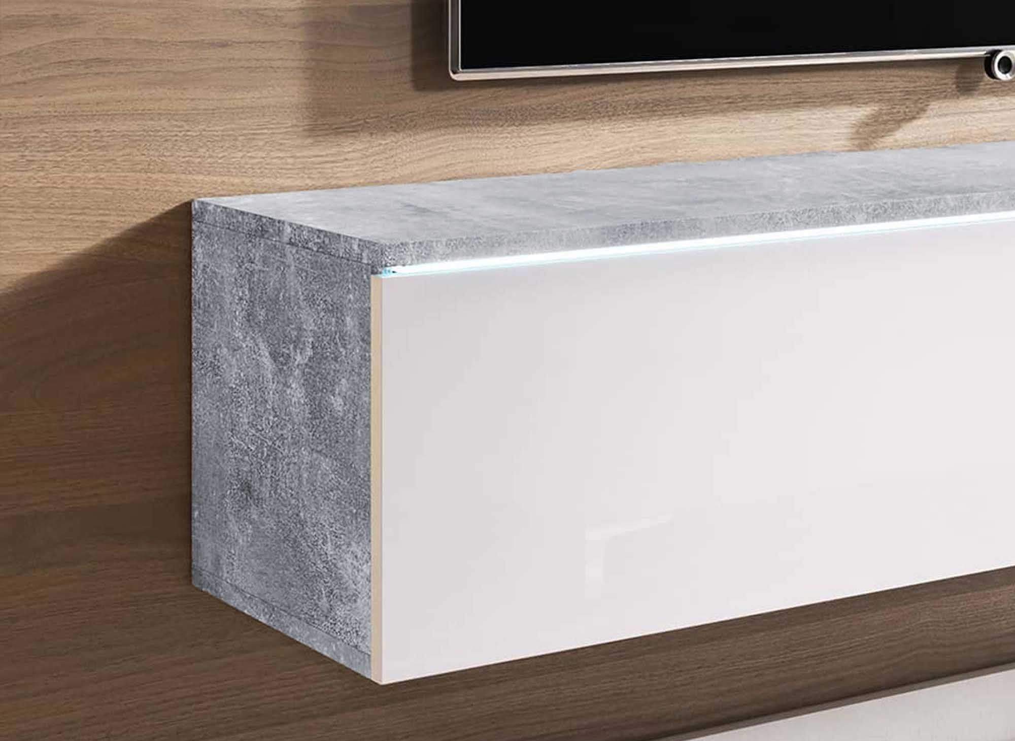 Meuble TV contemporain béton et laqué blanc avec LED 2 portes MALORIE - 140 cm