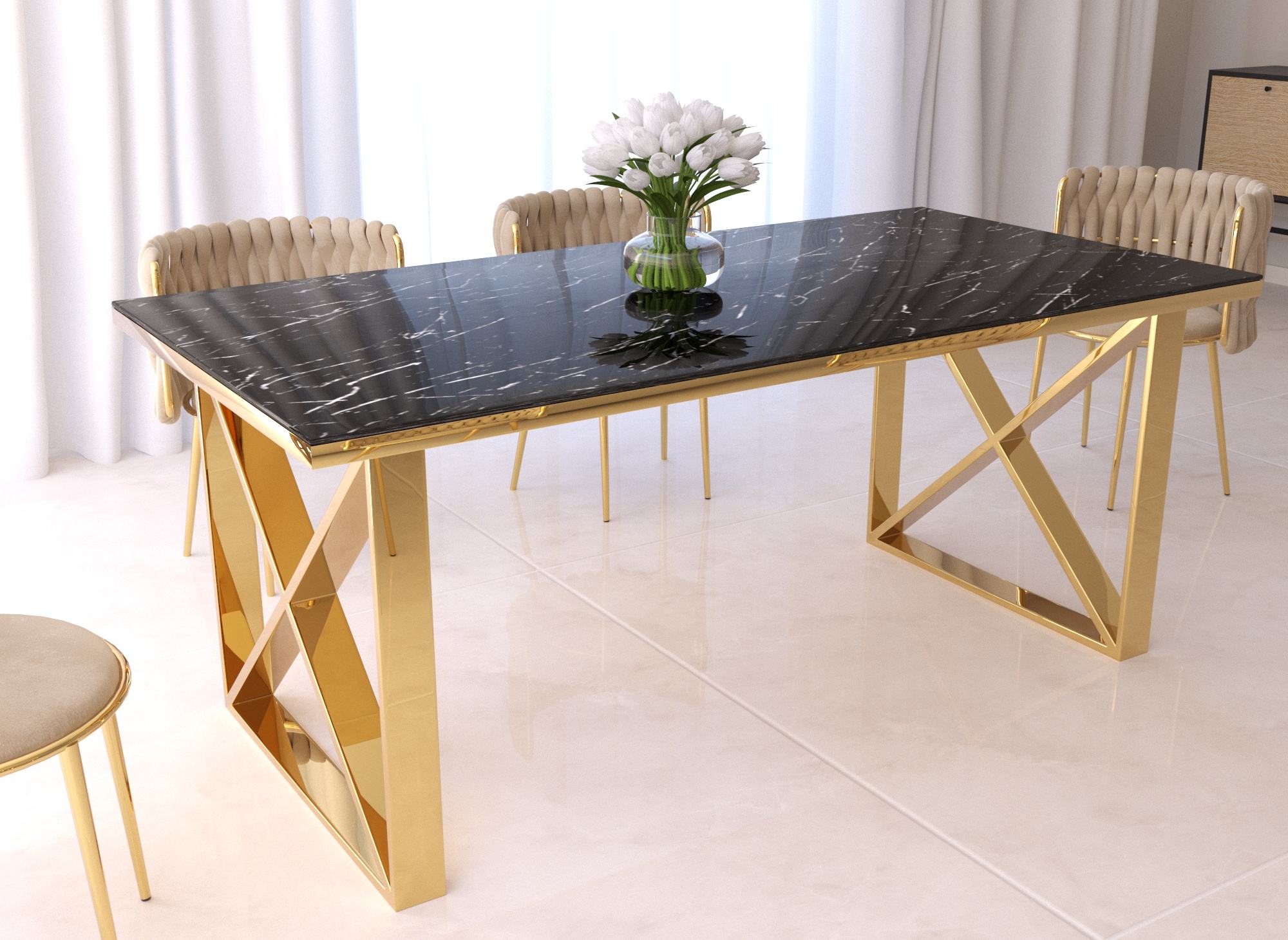 Table à manger en verre noir effet marbre pieds dorés ISORE