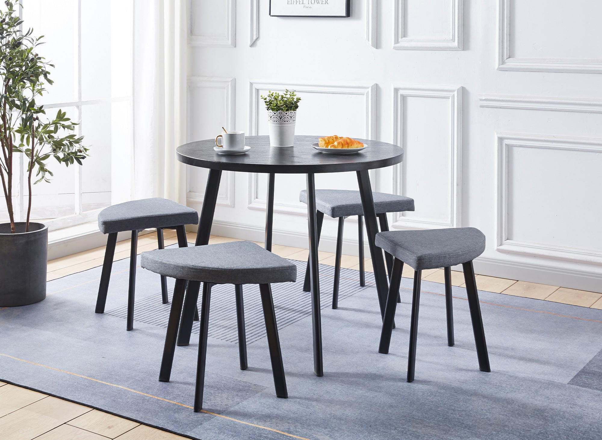 Ensemble table à manger en bois noir avec 4 tabourets gris IRINA