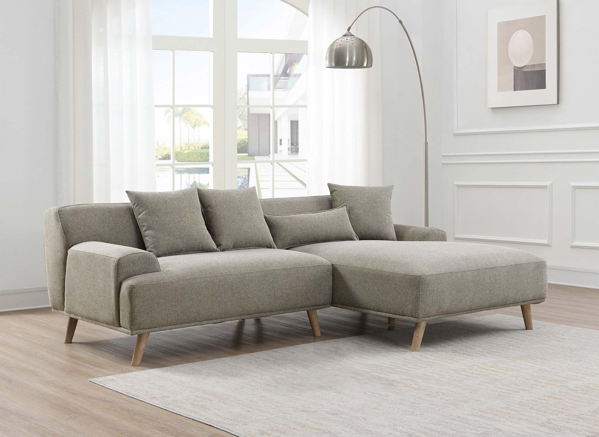 Canapé d'angle scandinave avec méridienne en tissu taupe KAROLINA - Angle Droit