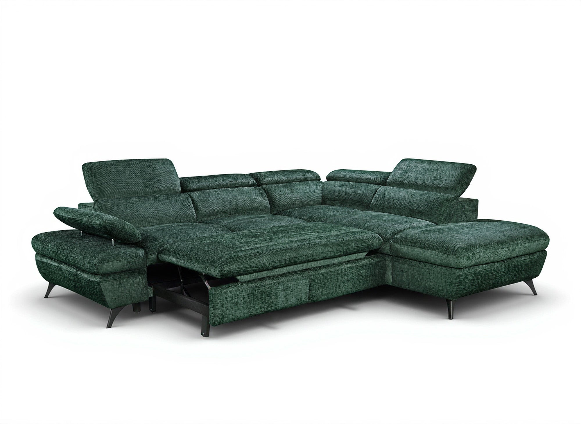 Canapé d'angle convertible avec coffre en velours chiné vert LUFY - Angle droit