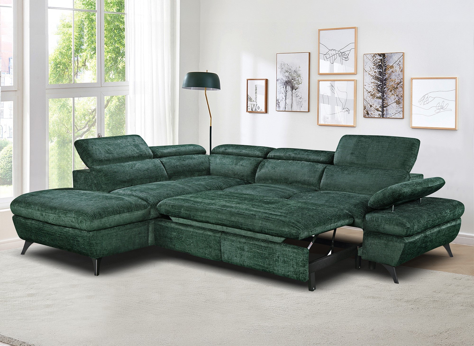 Canapé d'angle convertible avec coffre en velours chiné vert LUFY - Angle gauche