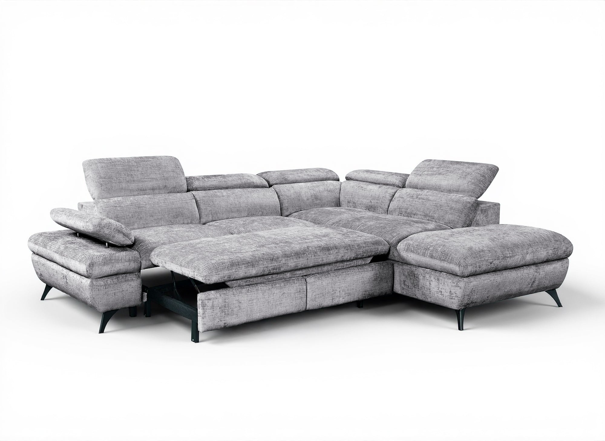 Canapé d'angle convertible avec coffre en velours chiné gris LUFY - Angle droit