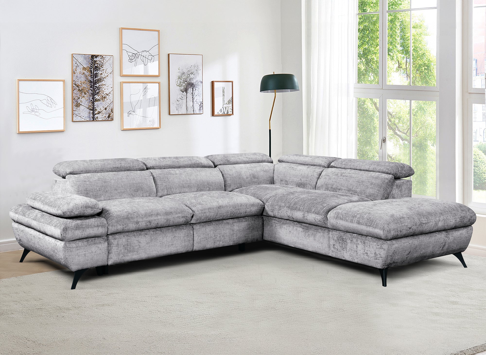 Canapé d'angle convertible avec coffre en velours chiné gris LUFY - Angle droit