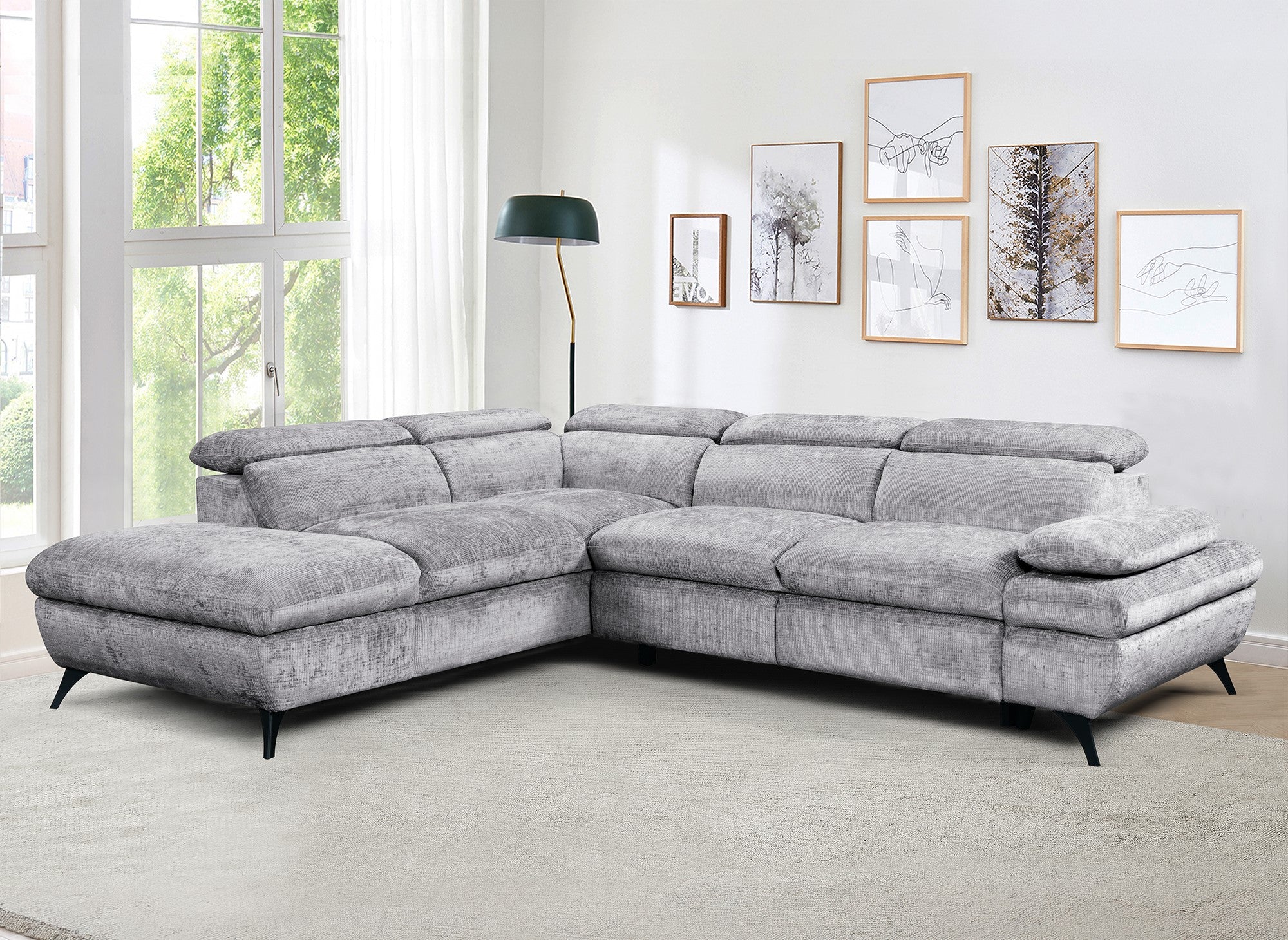 Canapé d'angle convertible avec coffre en velours chiné gris LUFY - Angle gauche