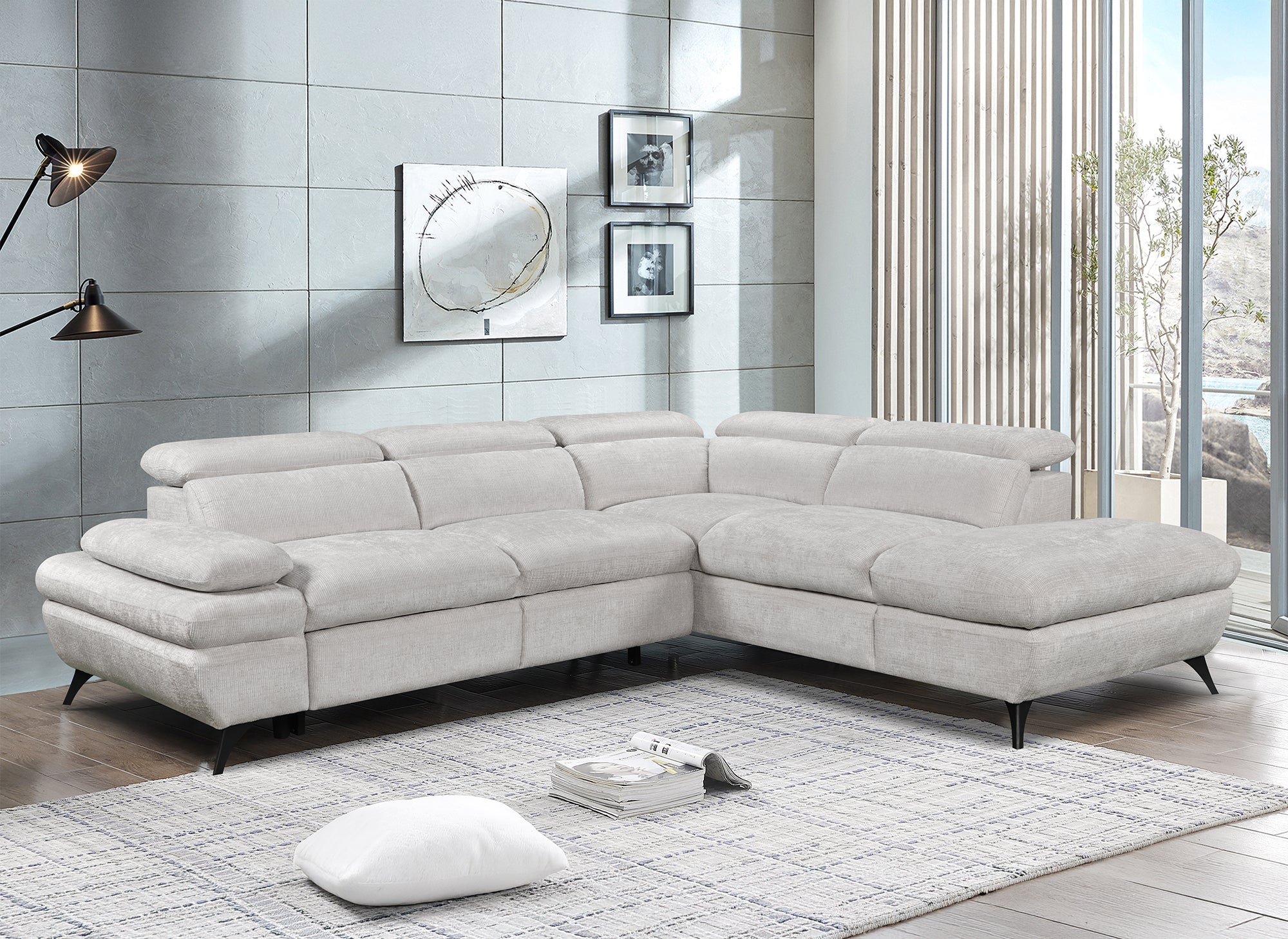 Canapé d'angle convertible avec coffre en velours chiné blanc écru LUFY - Angle droit