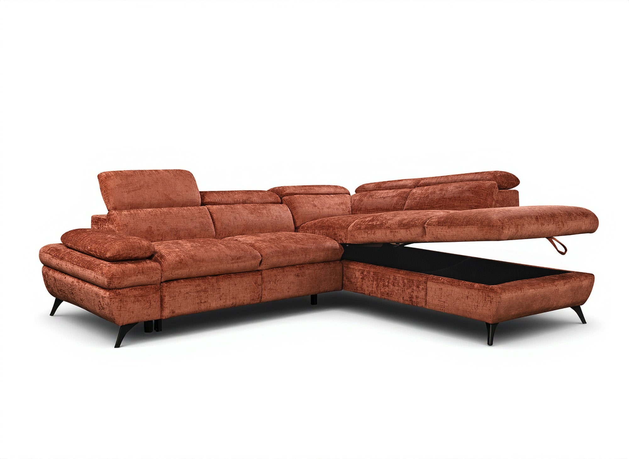 Canapé d'angle convertible avec coffre en velours chiné terracotta LUFY - Angle droit