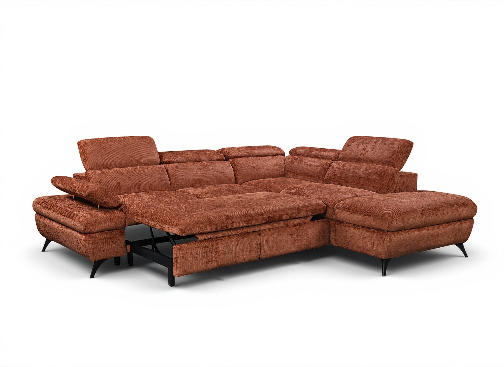 Canapé d'angle convertible avec coffre en velours chiné terracotta LUFY - Angle droit