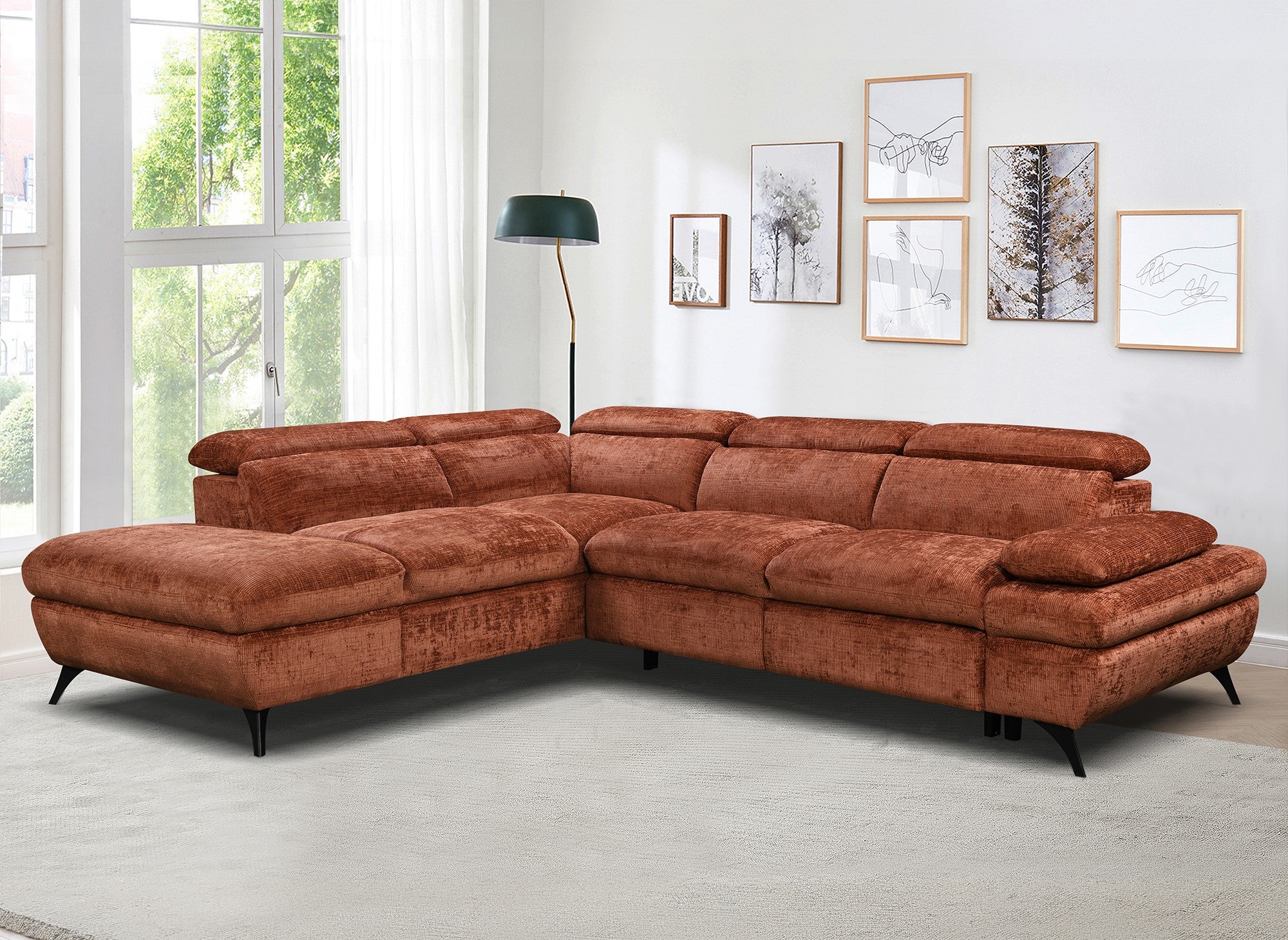 Canapé d'angle convertible avec coffre en velours chiné terracotta LUFY - Angle gauche