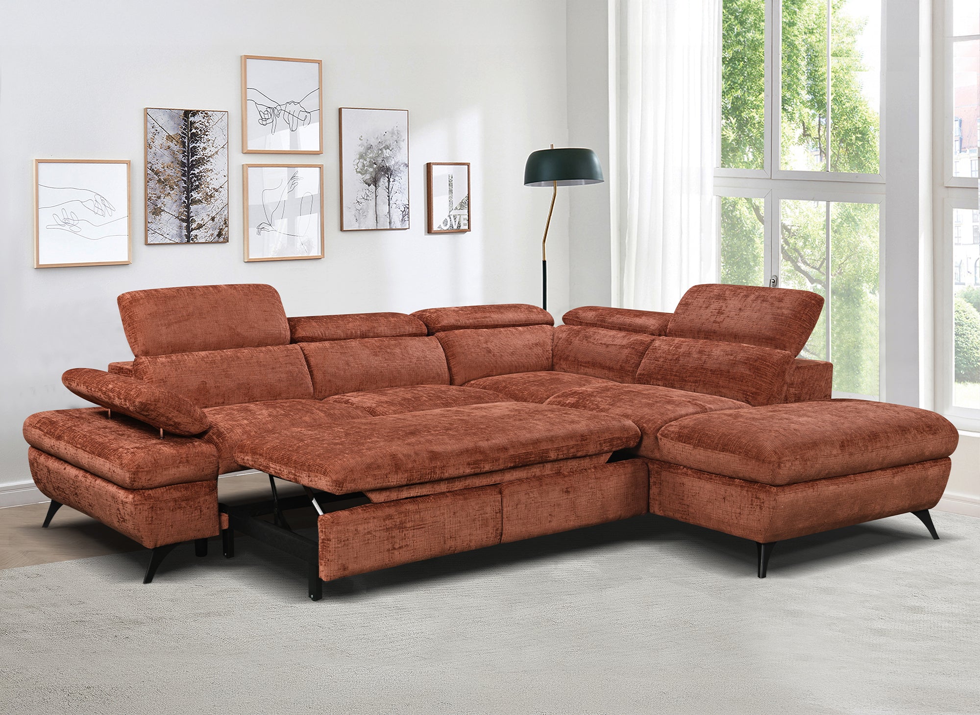 Canapé d'angle convertible avec coffre en velours chiné terracotta LUFY - Angle droit