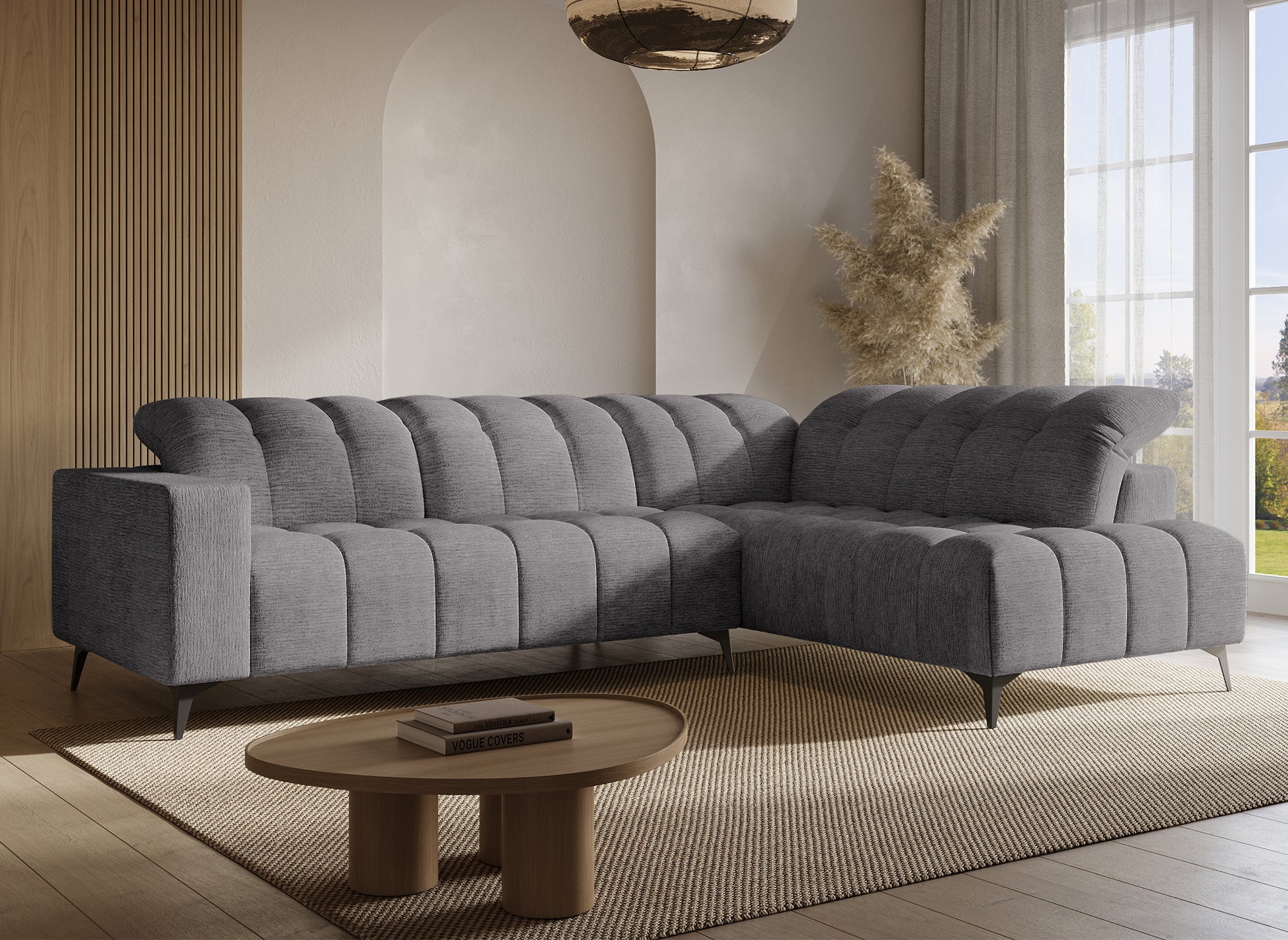 Canapé d'angle relax électrique en velours chiné gris ALVAR - Angle droit