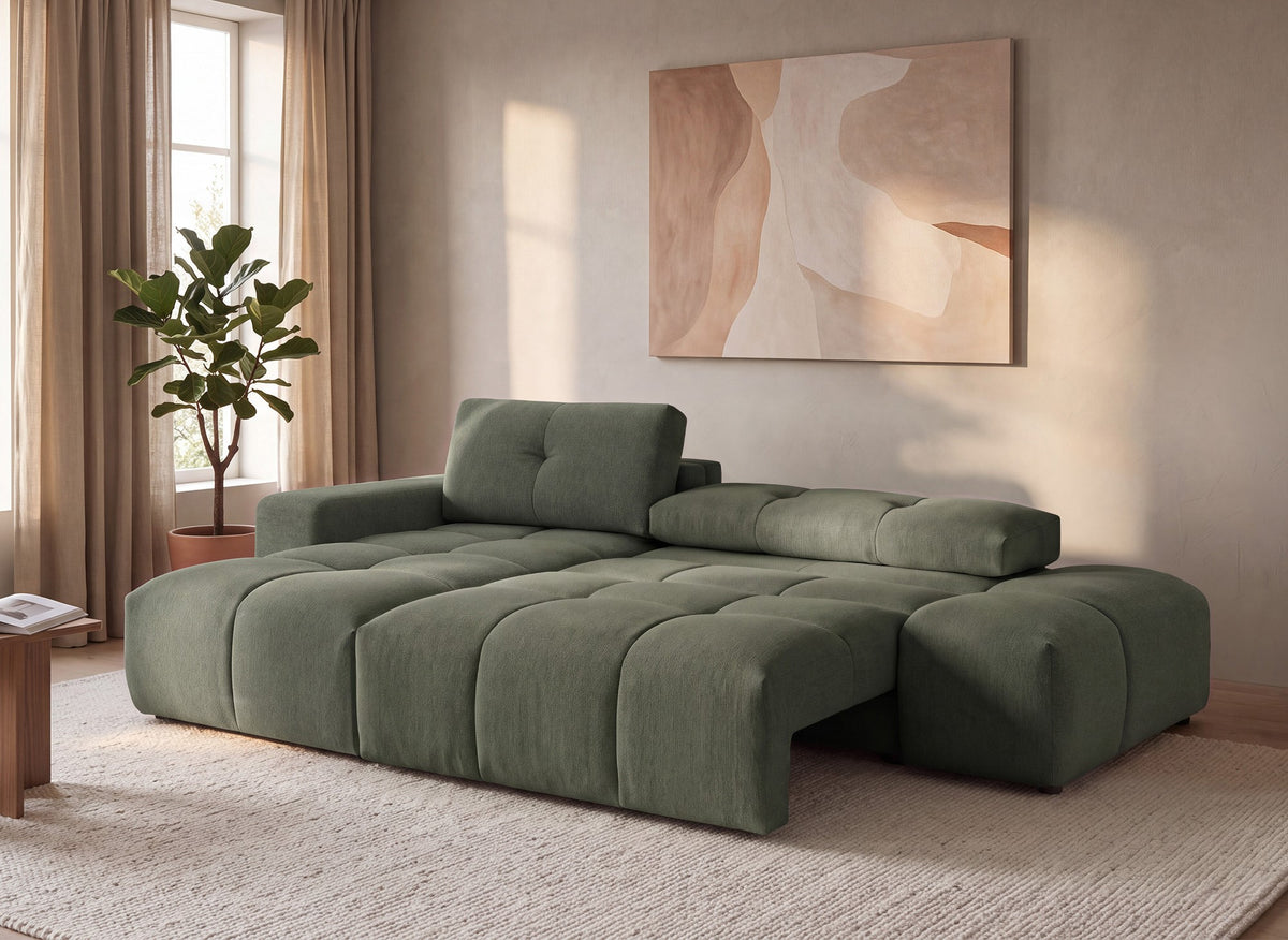 Canapé d'angle convertible avec coffre en tissu texturé vert olive ANGELINE - Angle gauche
