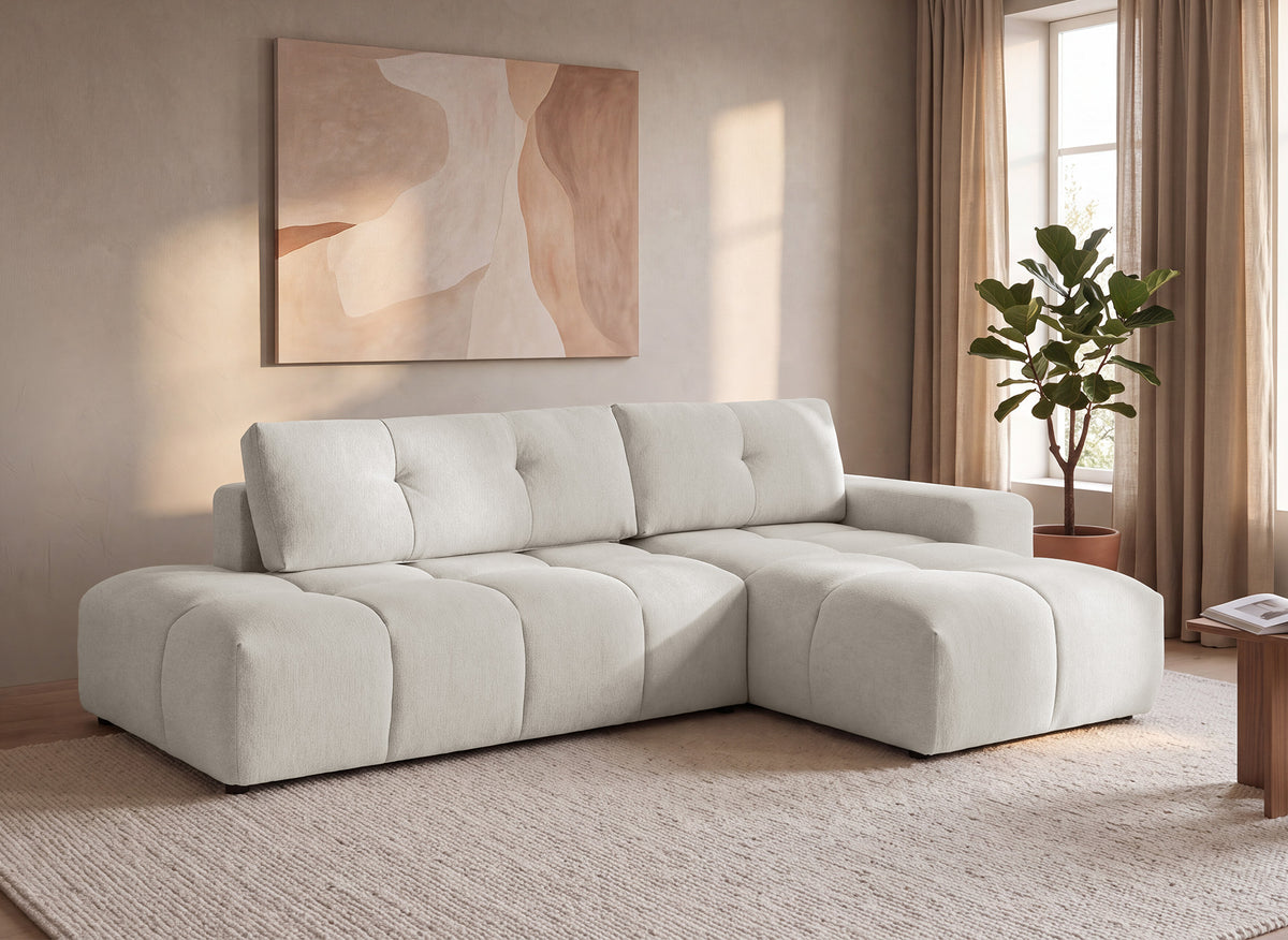 Canapé d'angle convertible avec coffre en tissu texturé beige ANGELINE - Angle droit