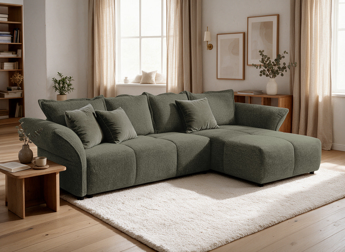 Canapé d'angle convertible réversible en velours tissé vert olive BELINE