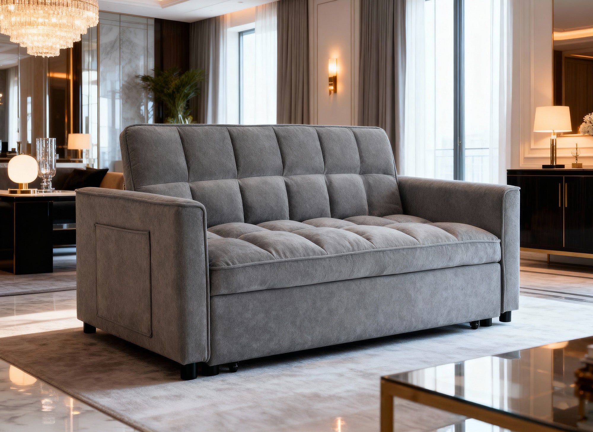 Canapé convertible 2 places en velours texturé gris JASPER