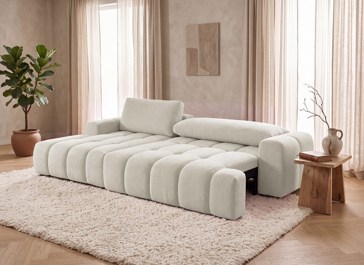 Canapé d'angle convertible avec coffre en tissu texturé beige BERENICE - Angle gauche
