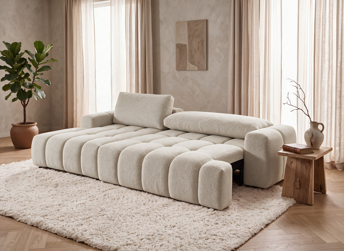 Canapé d'angle convertible avec coffre en tissu texturé beige BERENICE - Angle gauche