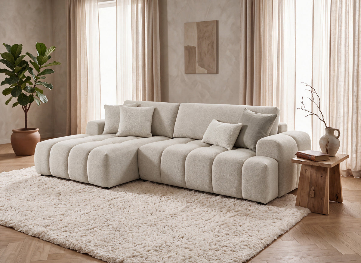 Canapé d'angle convertible avec coffre en tissu texturé beige BERENICE - Angle gauche