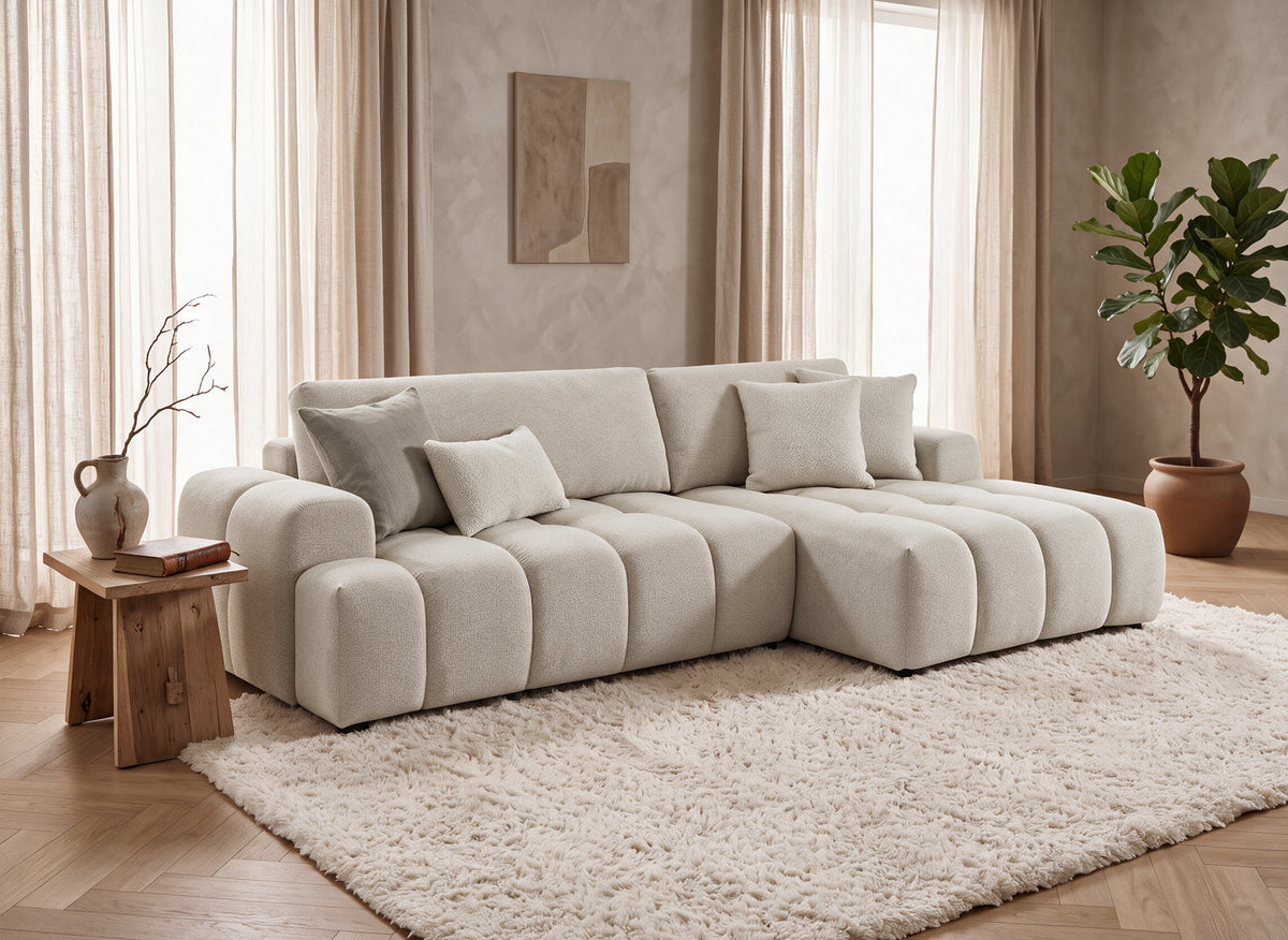 Canapé d'angle convertible avec coffre en tissu texturé beige BERENICE - Angle droit