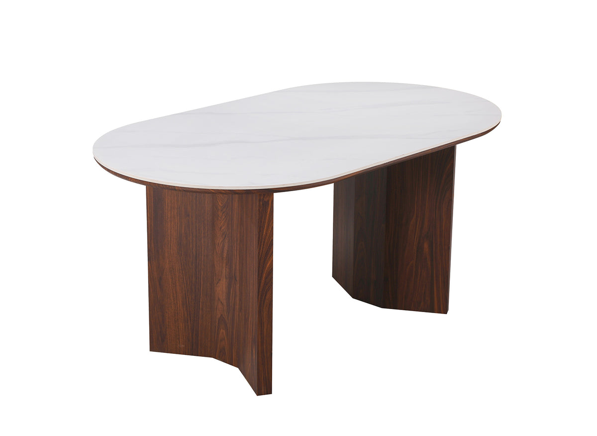 Table à manger céramique beige et bois noyer 6 personnes 160 cm AMANDINE