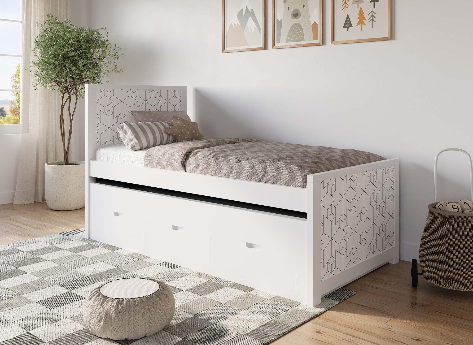 Lit gigogne avec tiroirs en bois blanc ENORA 90 x 190 cm
