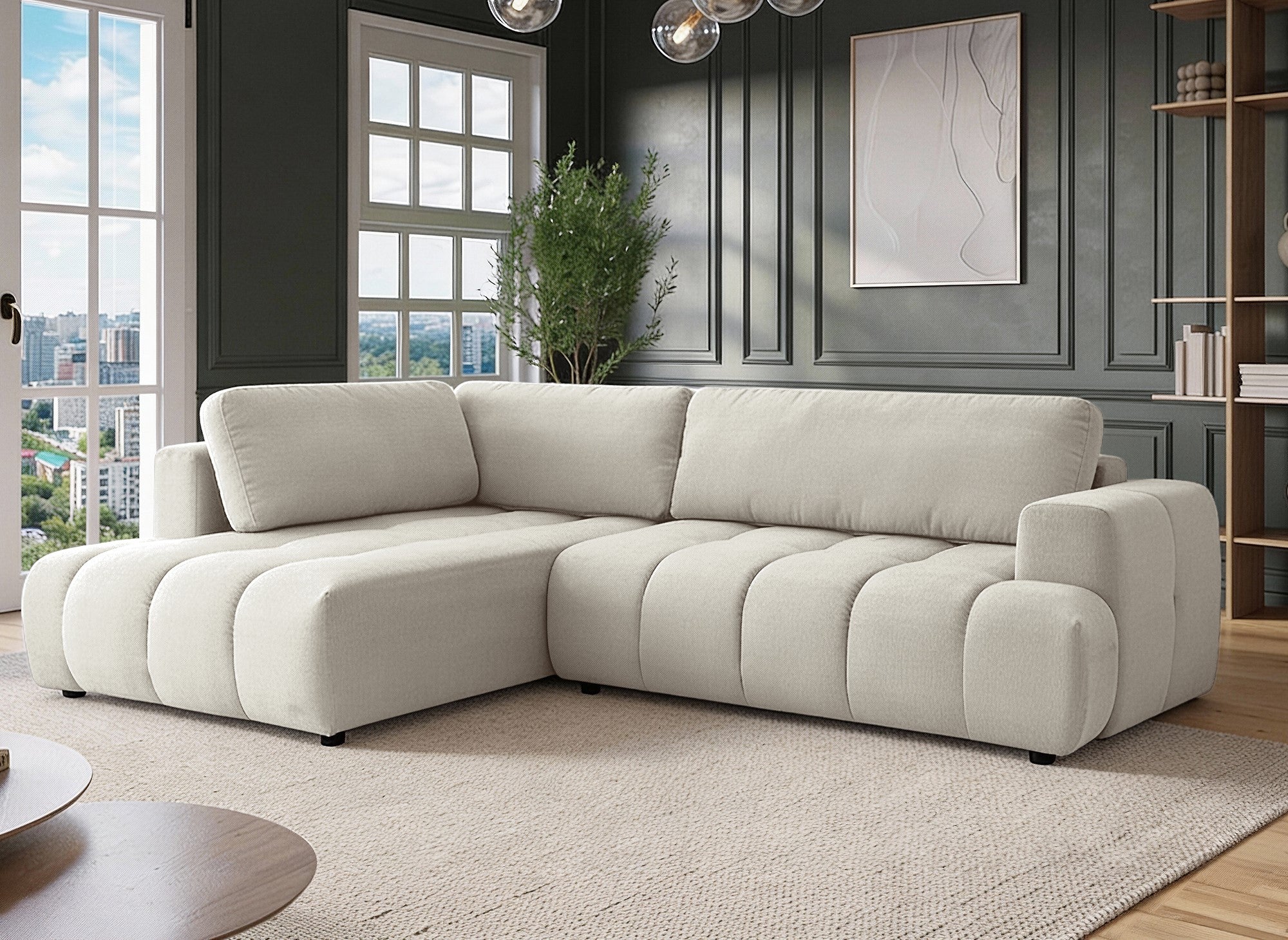 Canapé d'angle convertible avec coffre en tissu beige HAVEN - Angle gauche