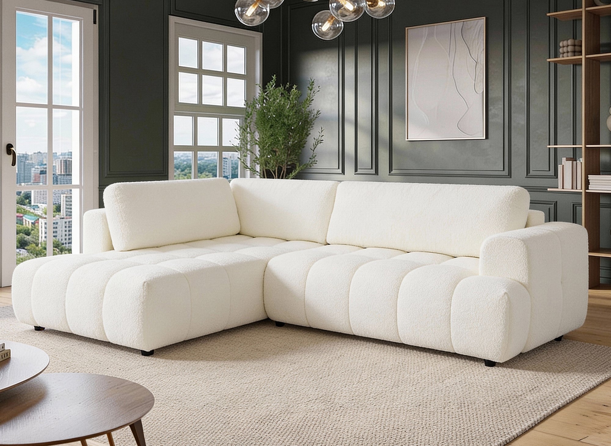 Canapé d'angle convertible avec coffre en tissu bouclette écru HAVEN - Angle gauche