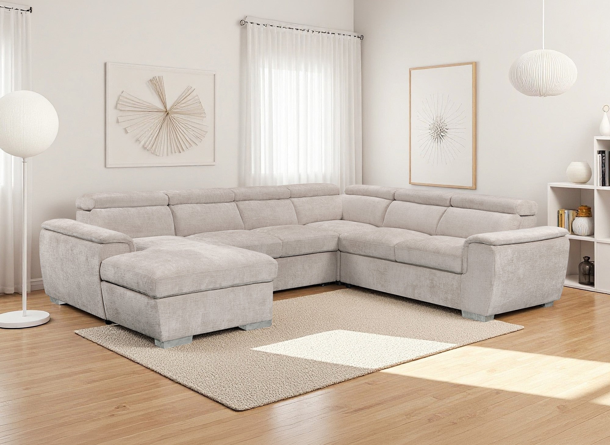 Canapé panoramique convertible avec coffre en velours chiné beige GAELLE - Angle gauche