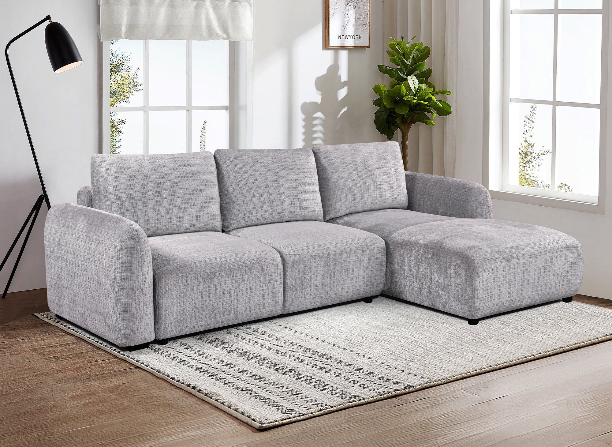 Canapé d'angle convertible avec coffre en velours chiné gris MARLA - Angle droit