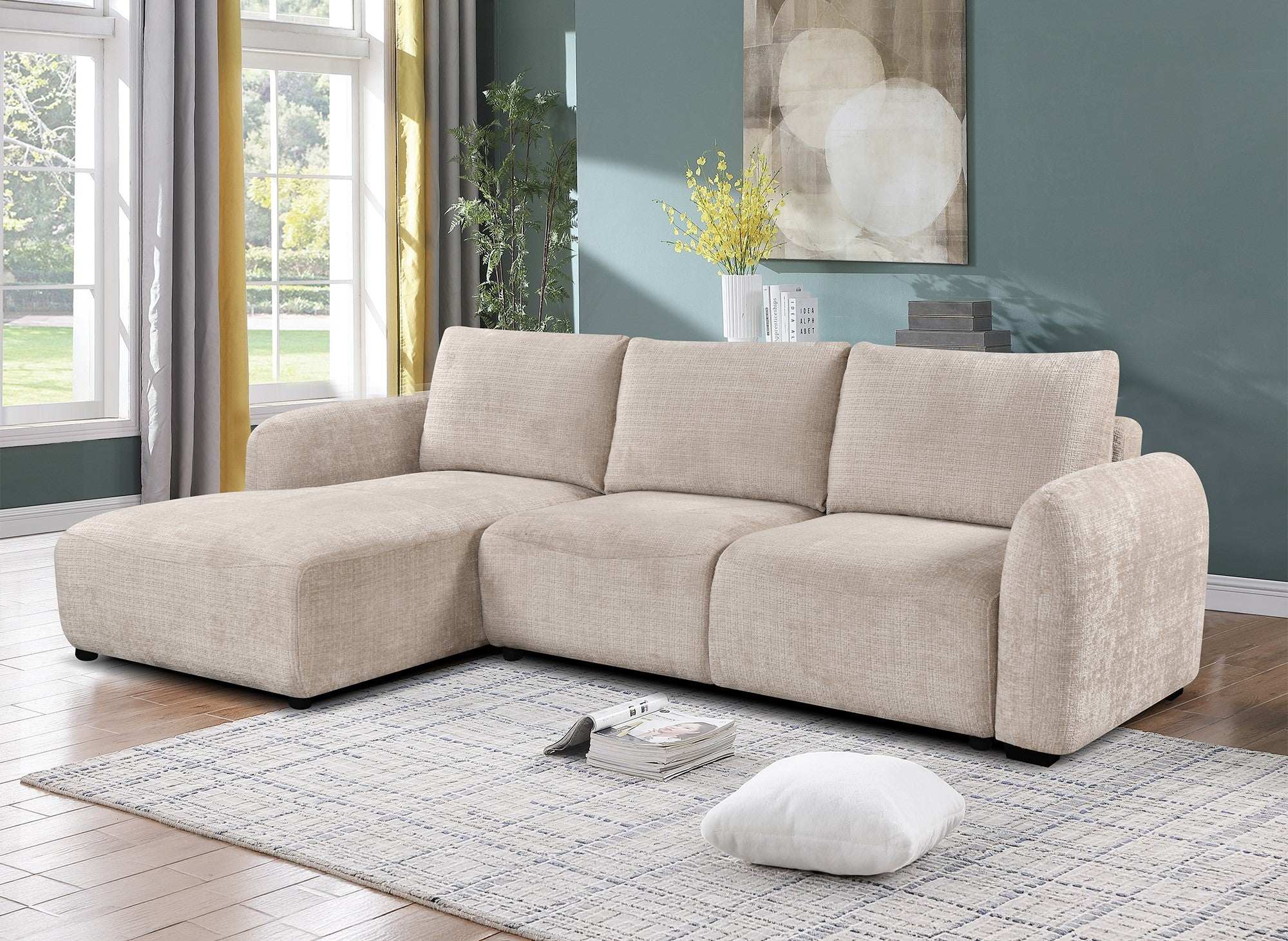 Canapé d'angle convertible avec coffre en velours chiné beige MARLA - Angle gauche