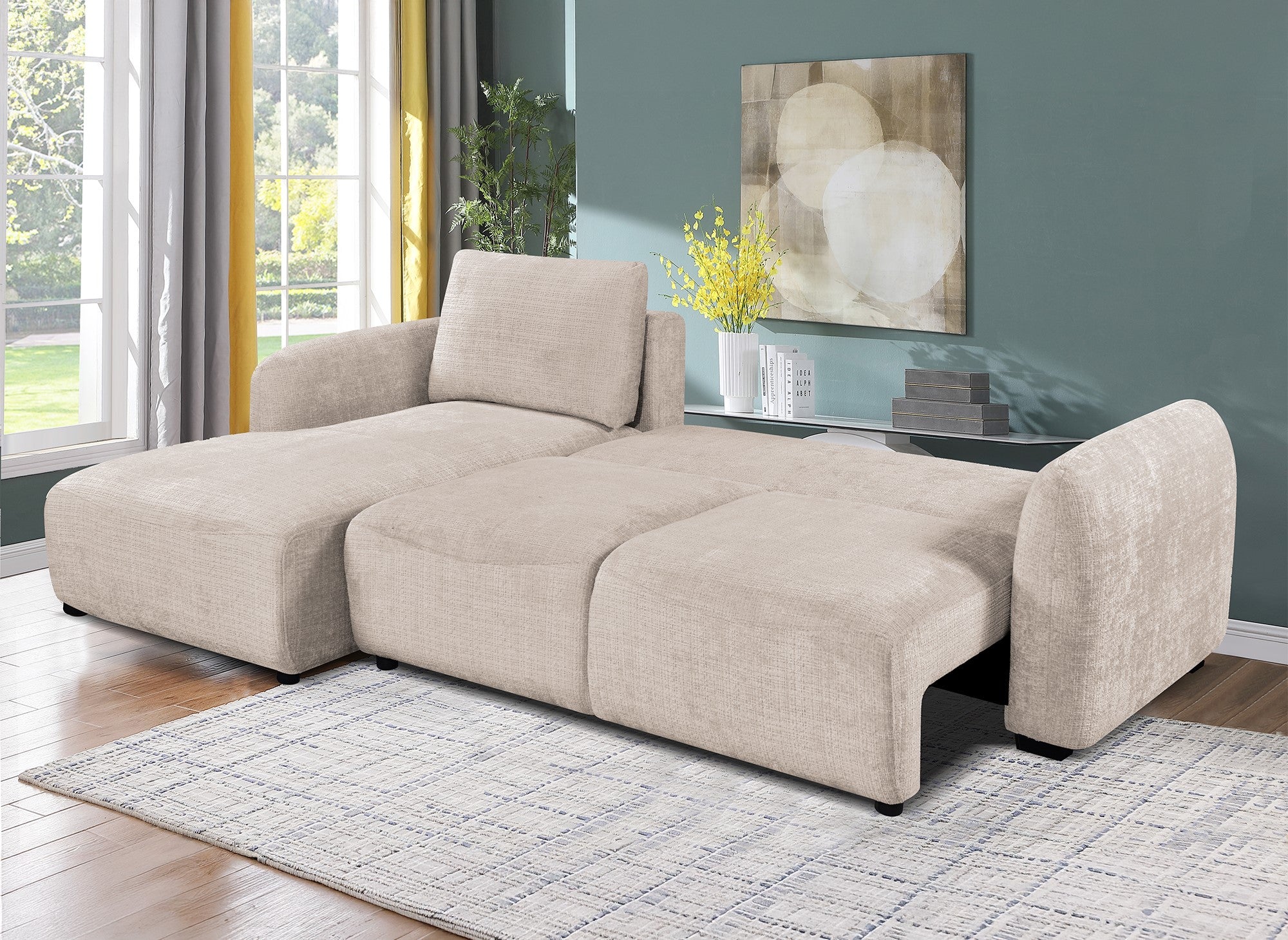 Canapé d'angle convertible avec coffre en velours chiné beige MARLA - Angle gauche