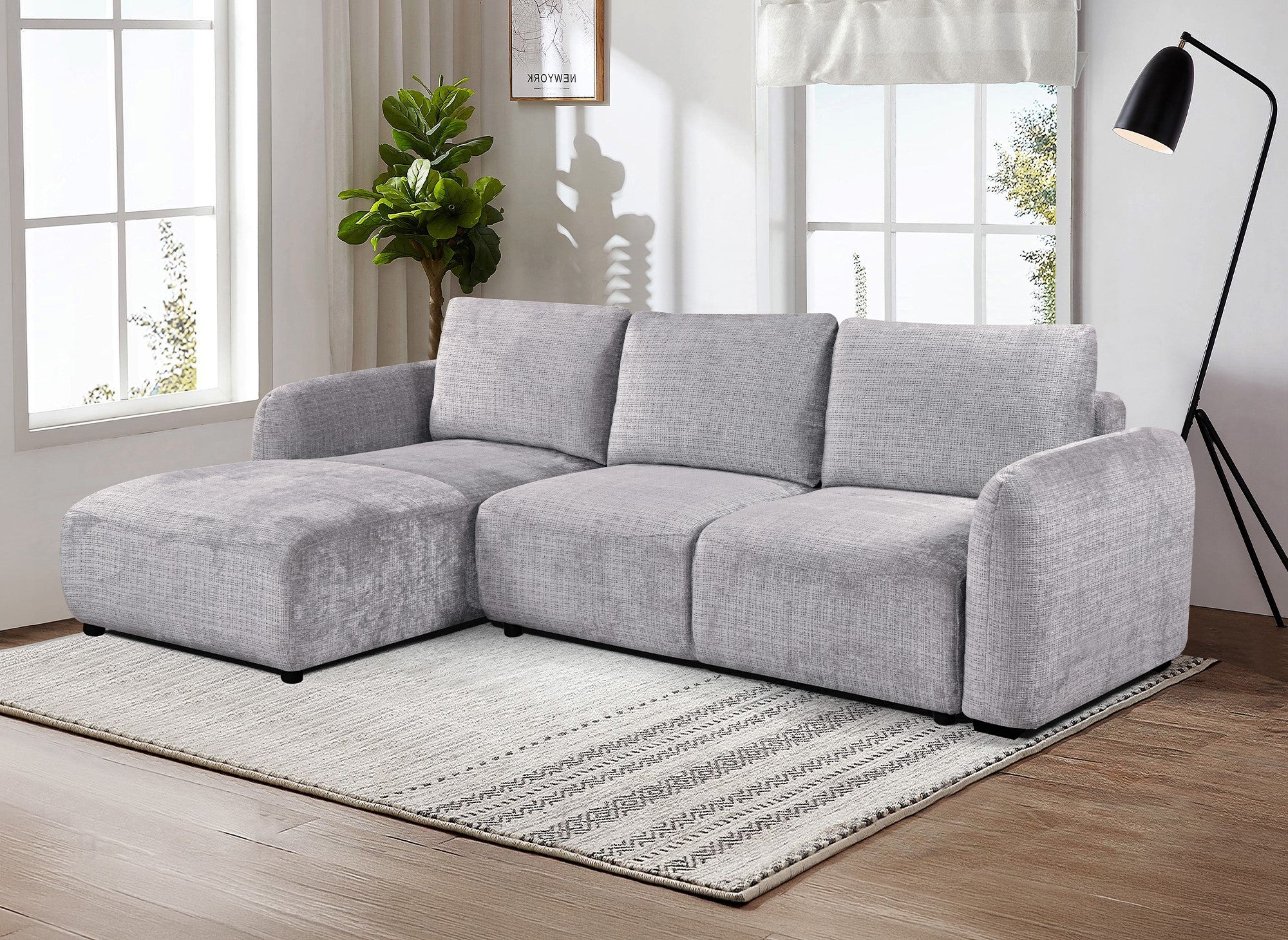 Canapé d'angle convertible avec coffre en velours chiné gris MARLA - Angle gauche